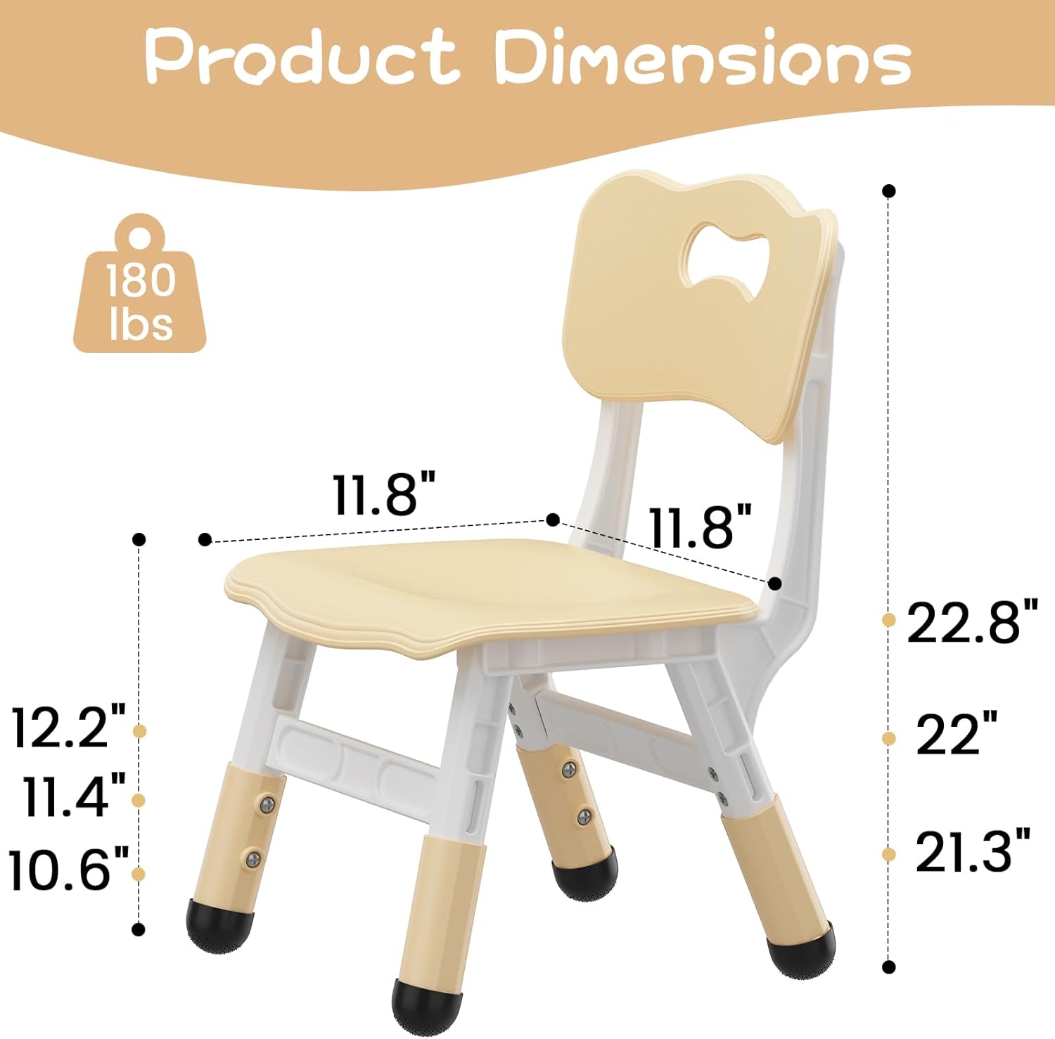 2 Pack Adjustable Kids Chair, 3 Height Levels Plastic Toddler Chair with Non-Slip Feet, 220lbs Load Capacity, Indoor Outdoor Home Kindergarten Chair for 3-8 Years Old-Natural