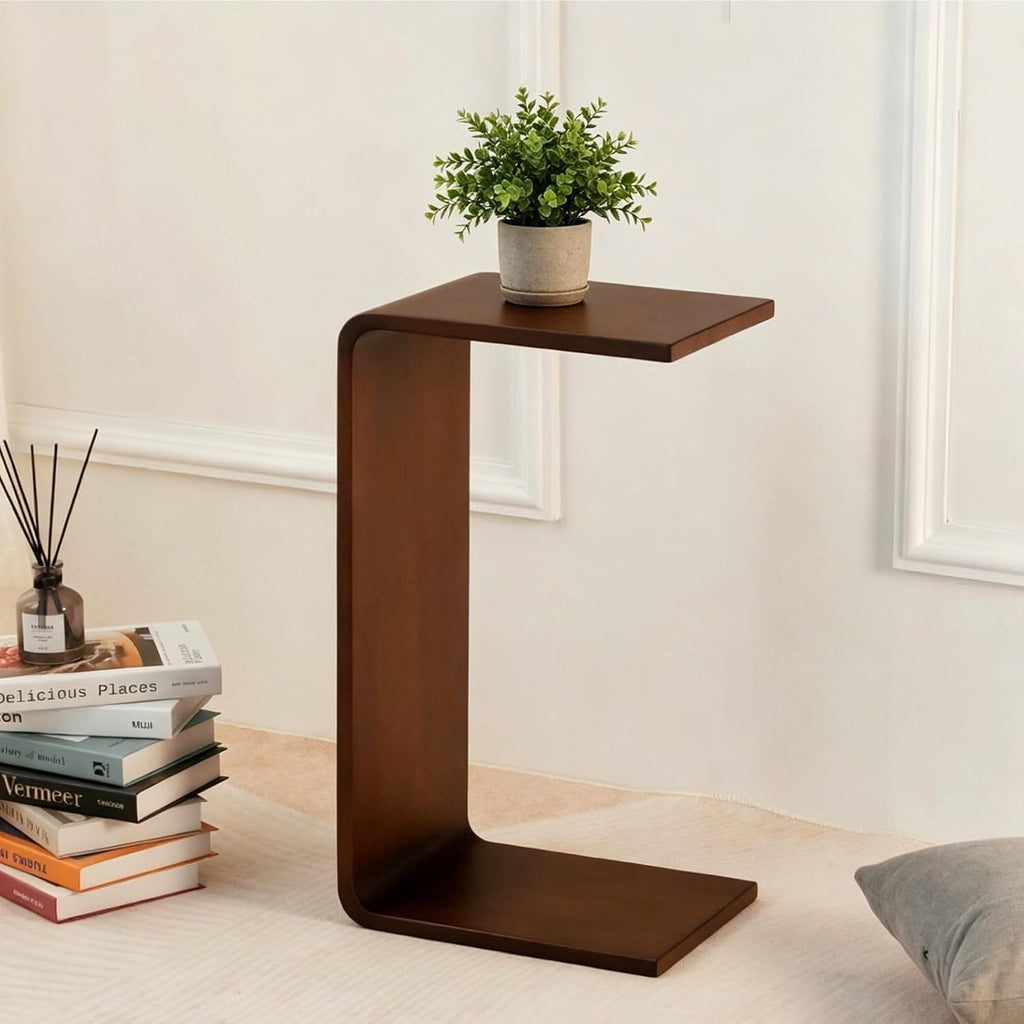 C-Shaped End Table, Wooden Narrow Couch Side Table for Laptops and Narrow Spaces, Small Solid Wood Sofa Side Table for Bedrooms, Offices Or Balconies（ 24in/27in Walnut ）(Black,B)