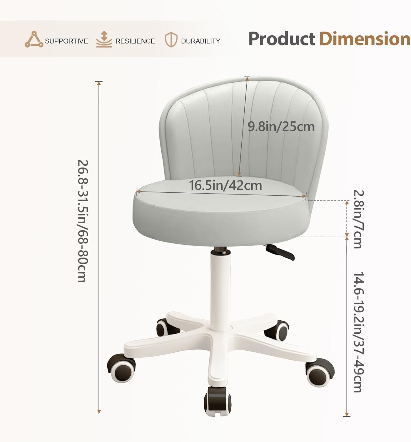 Small Round Rolling Desk Chair Armless Comfy Vanity Computer Chair Height Adjustable Swivel Work Spa Chair