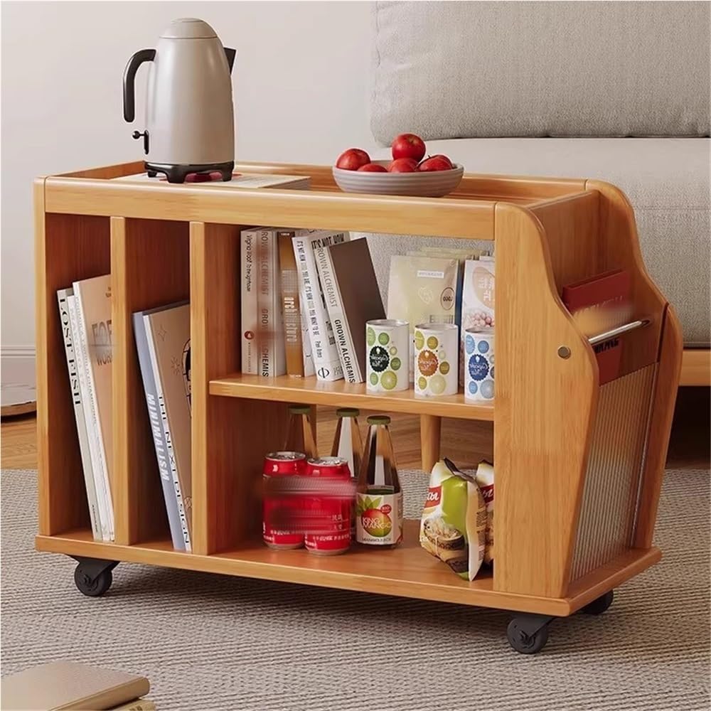 Movable Wood Side Tables with Casters, Rolling Table with Storage, Living Room End Tables with Magazine Rack, Multi-Functional Tables for Kitchen, Bedroom, Sofa Side(Natural)