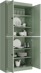 Palace Imports Solid Wood Kitchen Pantry Cabinet - 71.5" Tall x 32" Wide - Wooden Storage Cabinet with 4 Shaker Doors & 4 Adjustable Shelves, Sage, 100% Renewable Eco-Friendly Wood, Made in Brazil