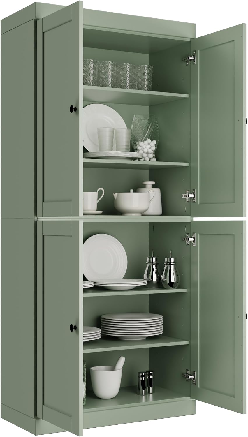 Palace Imports Solid Wood Kitchen Pantry Cabinet - 71.5" Tall x 32" Wide - Wooden Storage Cabinet with 4 Shaker Doors & 4 Adjustable Shelves, Sage, 100% Renewable Eco-Friendly Wood, Made in Brazil