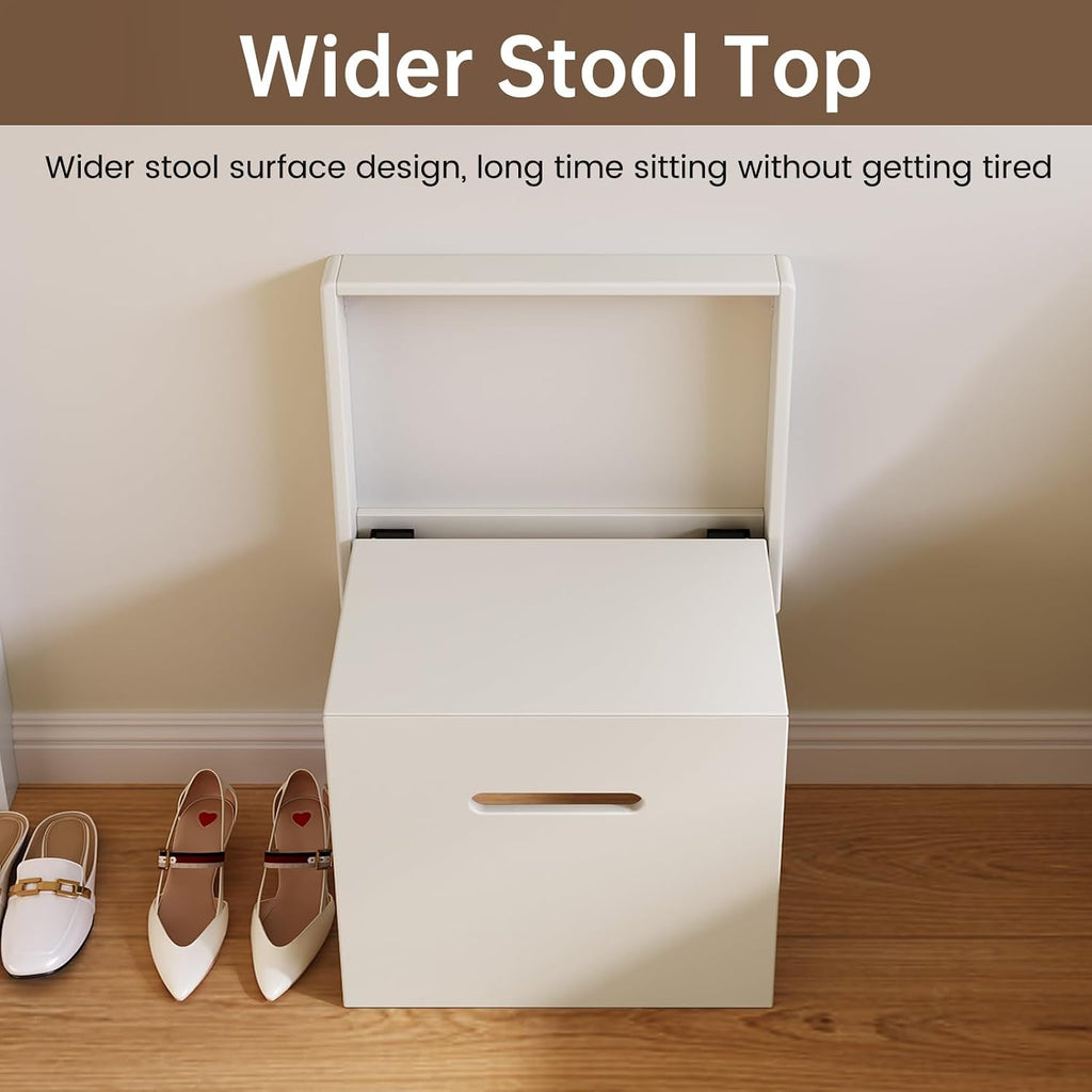 Wall Mounted Seat Shoe Changing Stool, Folding Stool Chair for Entryway, Space Saving Hidden Wall Stools,Folding Entryway Stool, Tea White, 18.97" W