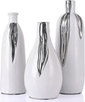 Ceramic Vase 3 Piece Set, White and Silver Vases for Home Decor, Decorative Vases for Mantels, Shelves and Entryway Decor, Dining Table Centerpieces, Living Rooms, Fireplaces and Kitchen Decor.