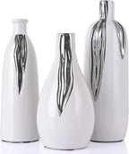 Ceramic Vase 3 Piece Set, White and Silver Vases for Home Decor, Decorative Vases for Mantels, Shelves and Entryway Decor, Dining Table Centerpieces, Living Rooms, Fireplaces and Kitchen Decor.