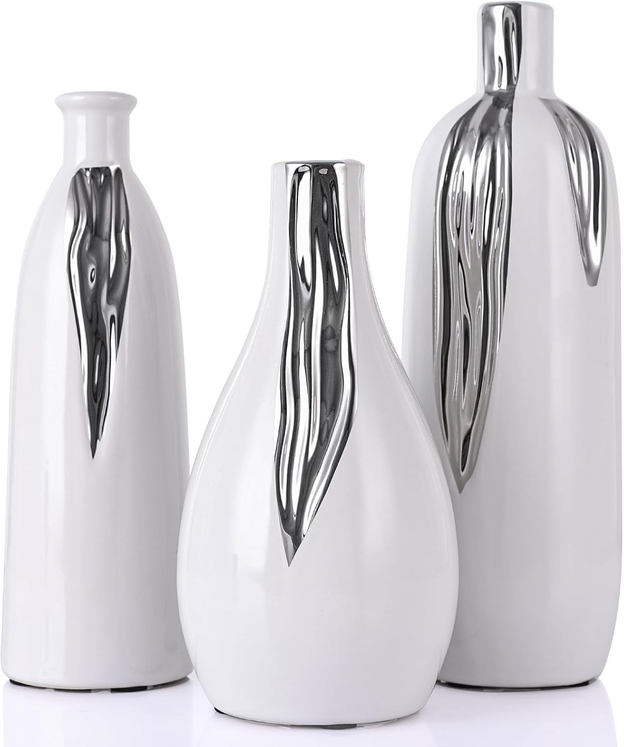 Ceramic Vase 3 Piece Set, White and Silver Vases for Home Decor, Decorative Vases for Mantels, Shelves and Entryway Decor, Dining Table Centerpieces, Living Rooms, Fireplaces and Kitchen Decor.