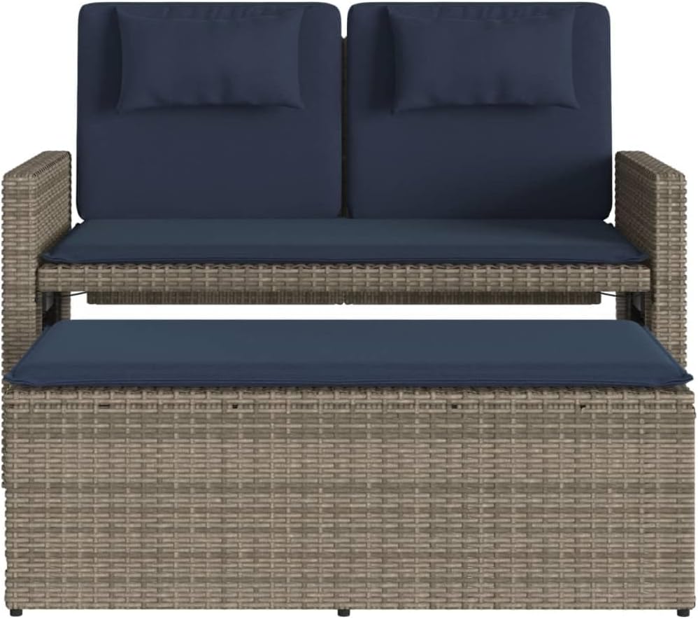 Garden Bench Grey PE Rattan Medium Adjustable Armrests,Reclining Garden Bench with Comfortable Cushions Outdoor Sofa Bed for Two Patio Furniture