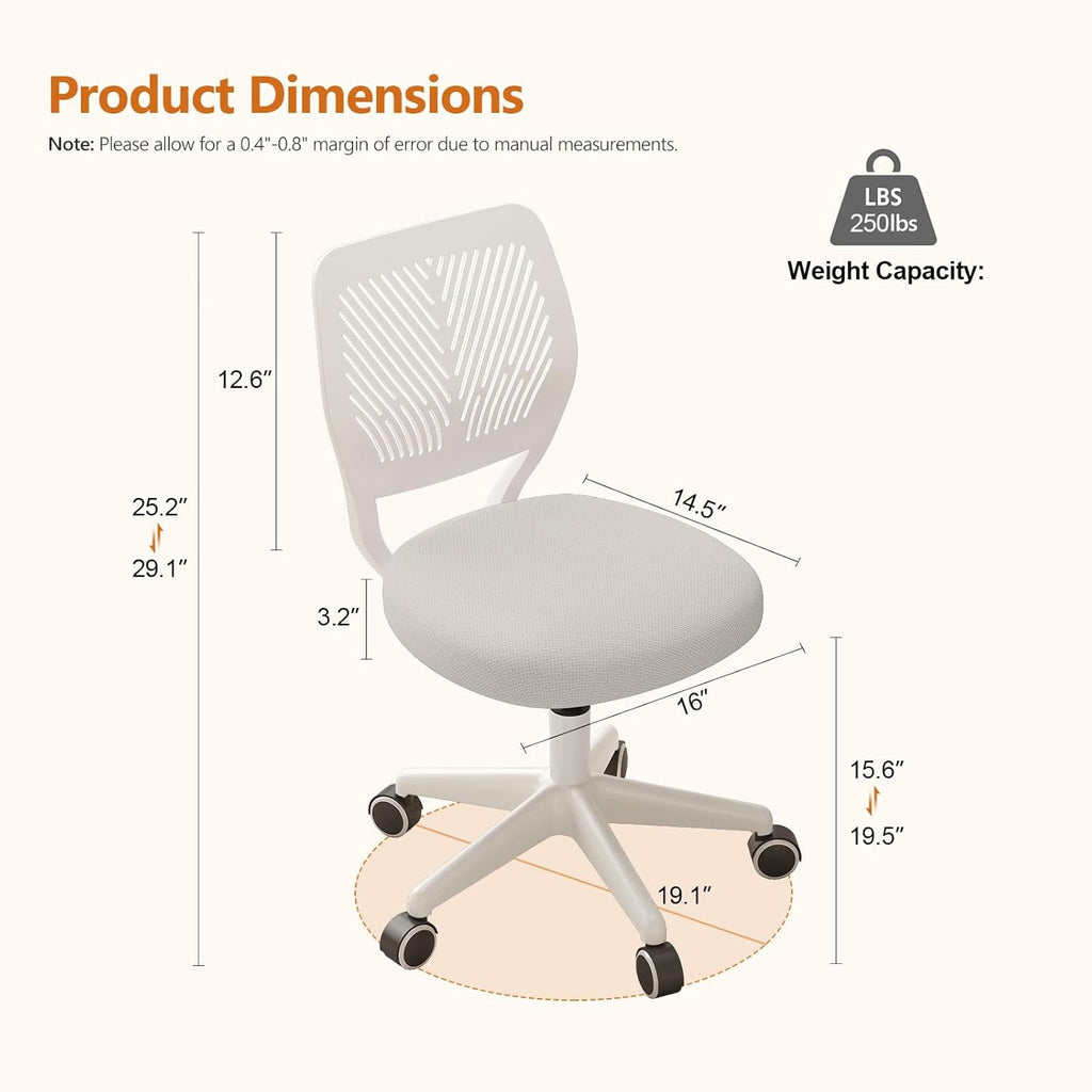 JPBSTO Armless Desk Chair, Height Adjustable Swivel Office Rolling Task Chairs with Soft Mesh Padded Cushion, Ergonomic Small Study Computer Chair for Girls Boys Teens (White, 1PC)