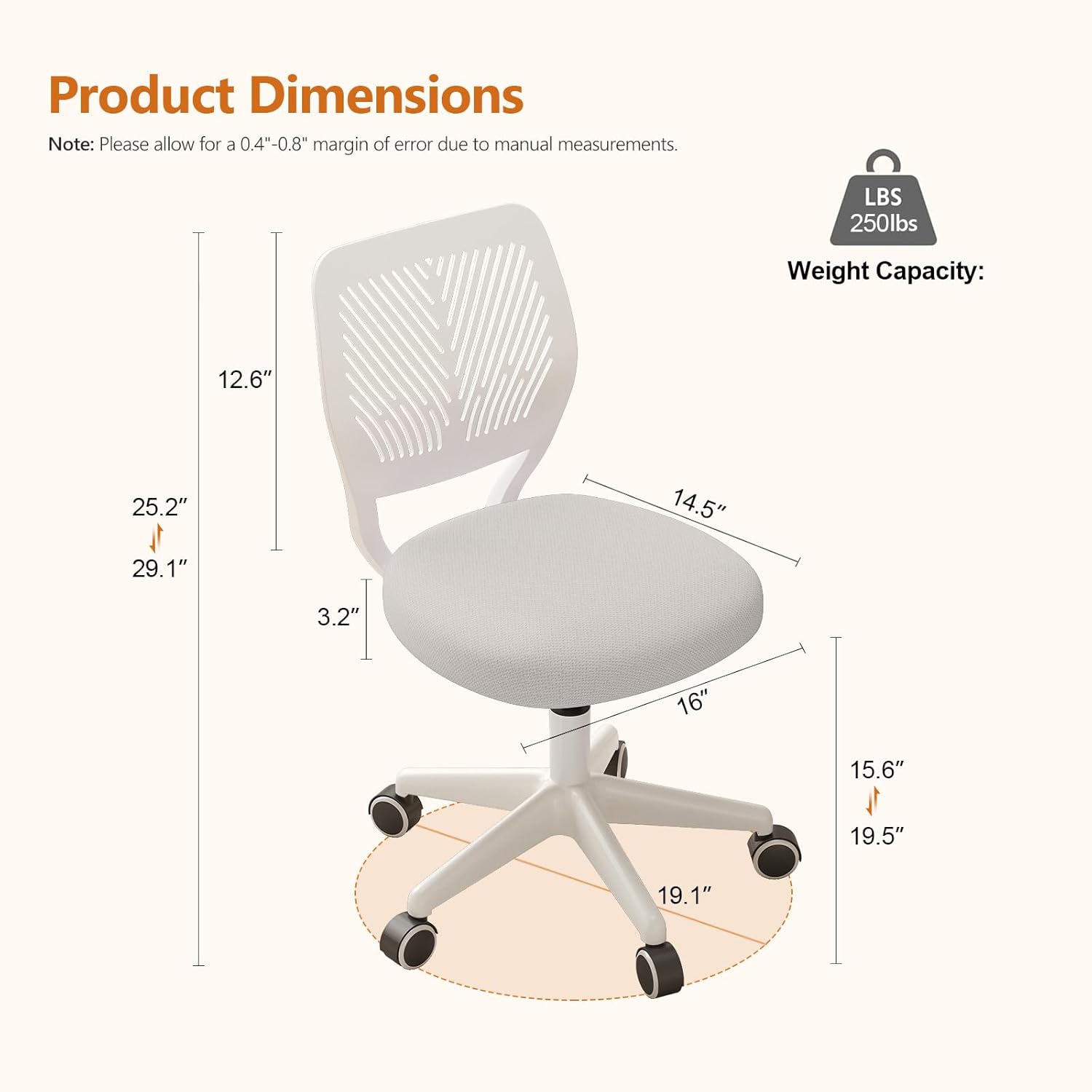 JPBSTO Armless Desk Chair, Height Adjustable Swivel Office Rolling Task Chairs with Soft Mesh Padded Cushion, Ergonomic Small Study Computer Chair for Girls Boys Teens (White, 1PC)