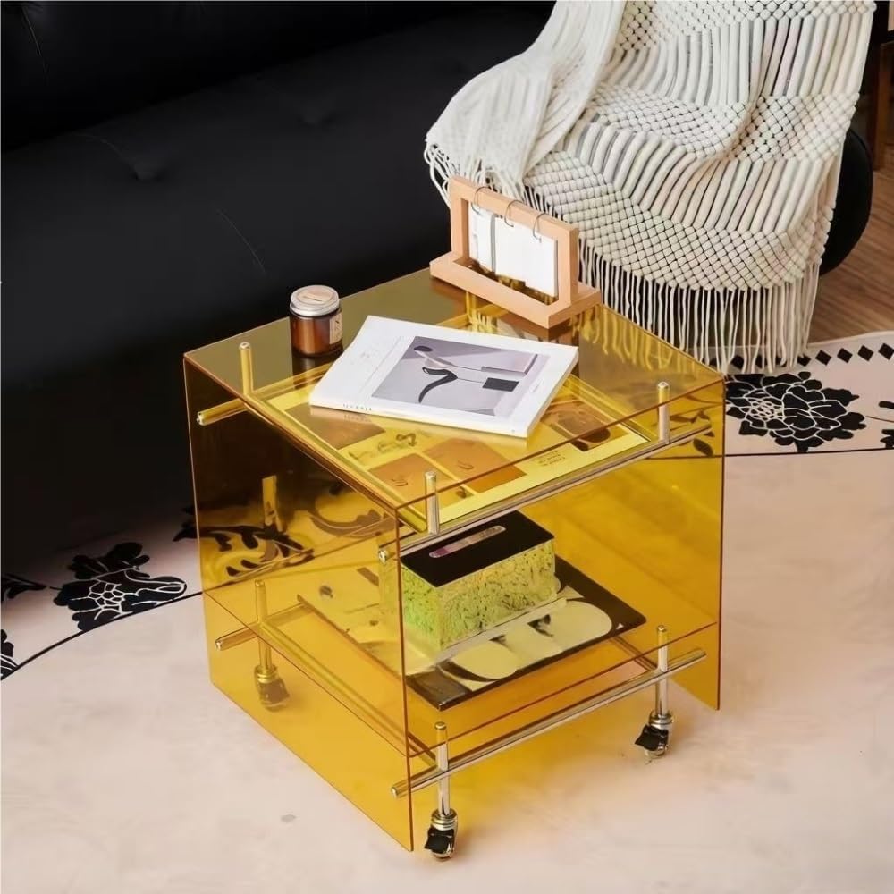 Movable Acrylic Couch Side Table, Creative Double-Layer Night Stand, Transparent Coffee Table with Wheels, Multi-Purpose End Table for Living Room and Bedroom(Yellow)