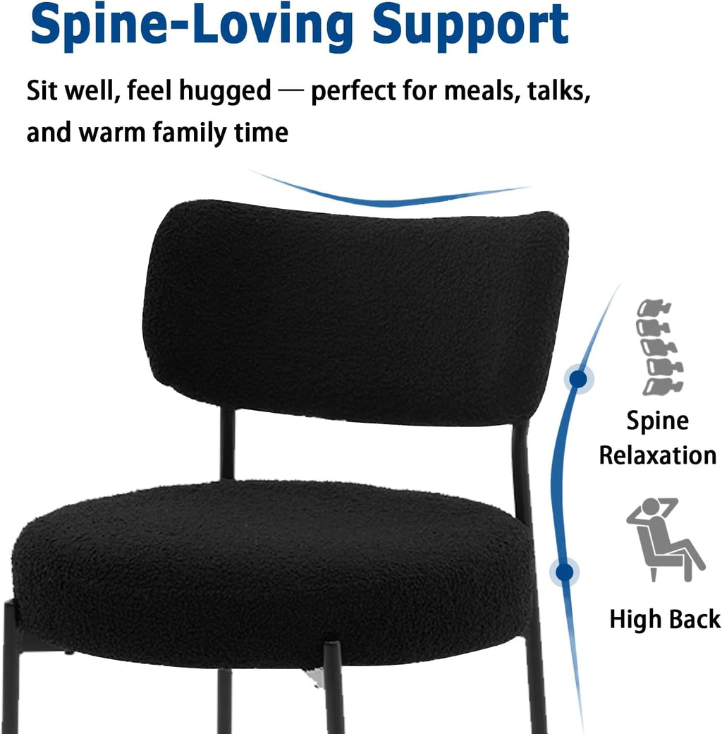 Black Boucle Dining Chairs Set of 4, Upholstered Dinner Chair with Metal Frame, Dining Room Chairs with Padded Seat, Round Modern Seating for Living Room