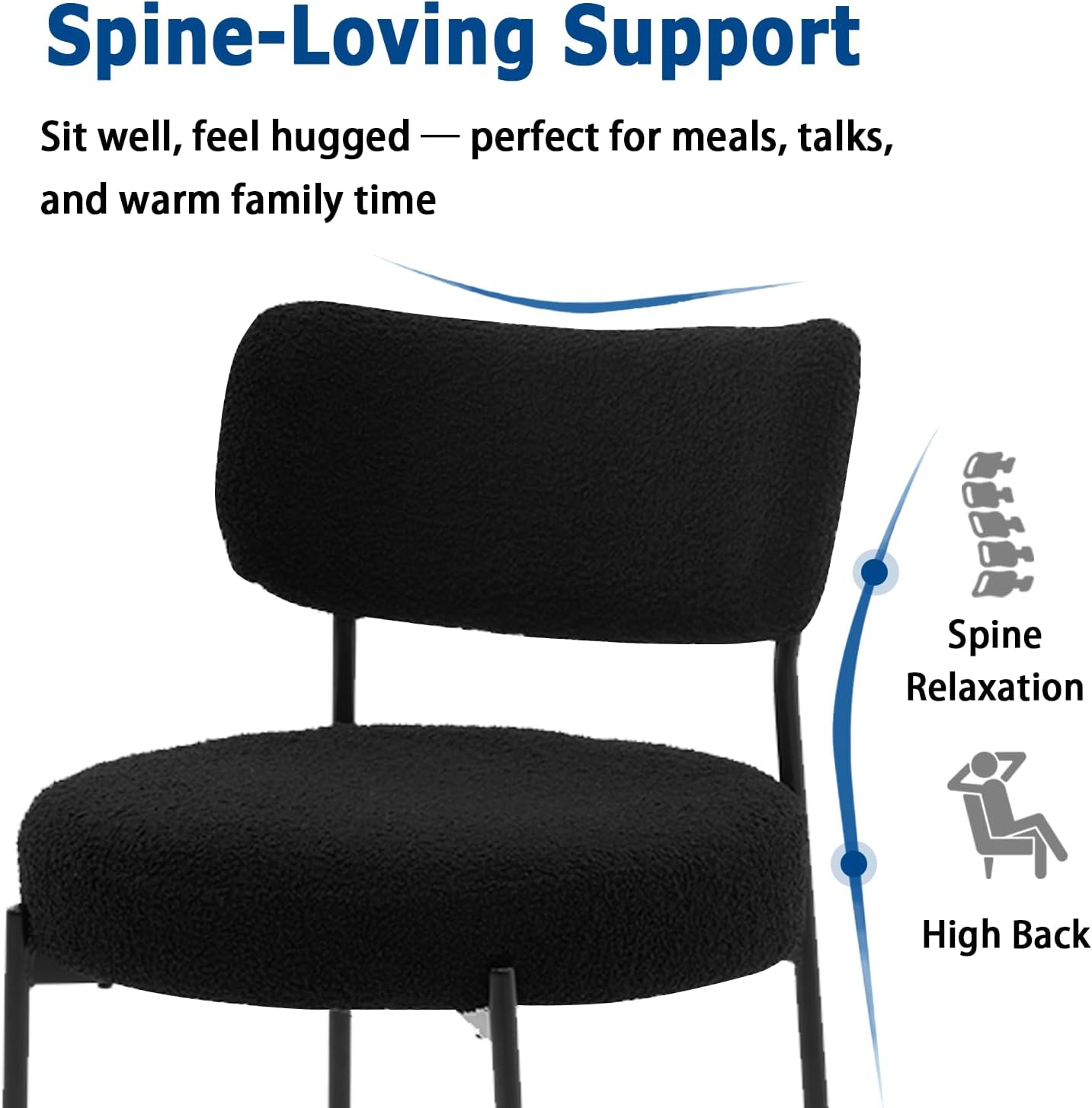 Black Boucle Dining Chairs Set of 4, Upholstered Dinner Chair with Metal Frame, Dining Room Chairs with Padded Seat, Round Modern Seating for Living Room