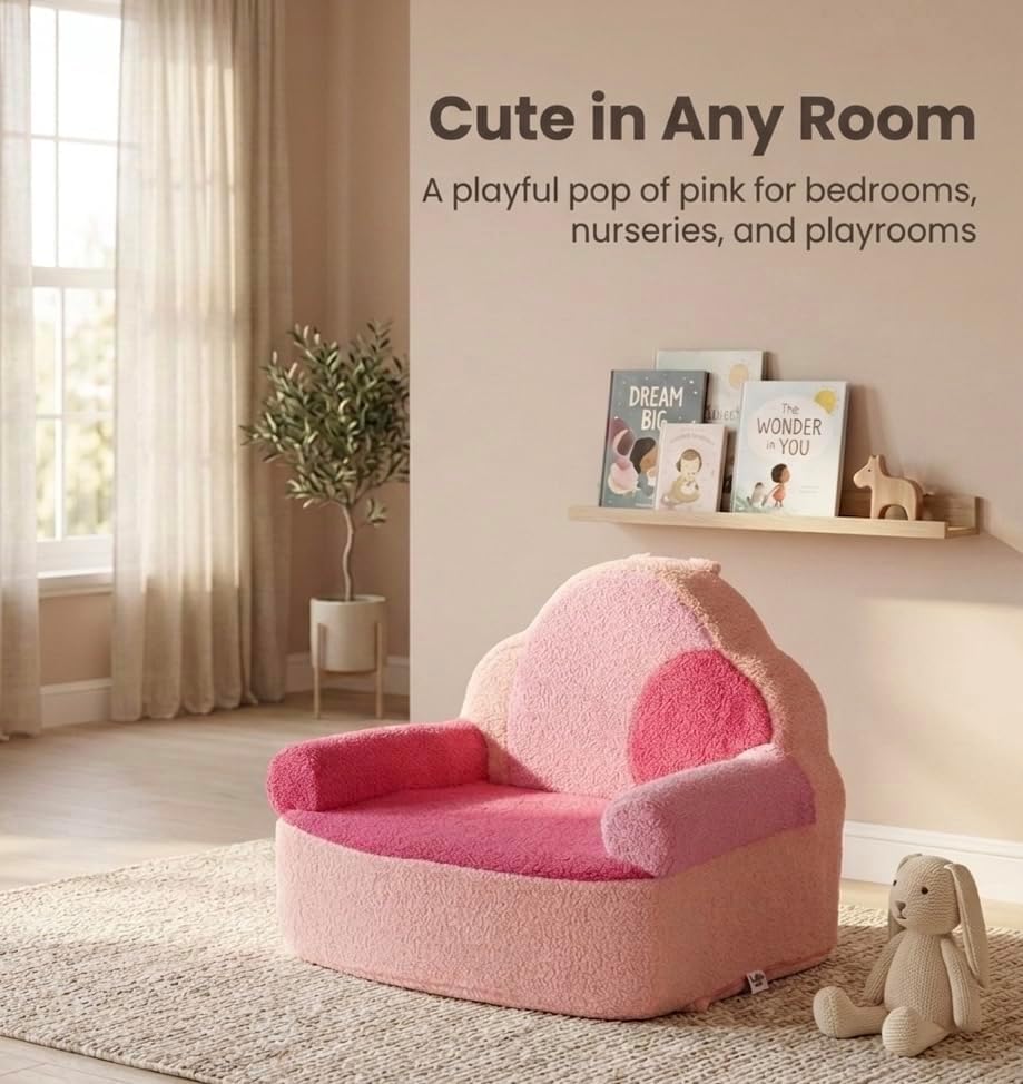 Toddler Foam Chair | Cute Pink Soft Lounge Chair for Toddler Girls Ages 1–4 | Comfy Lightweight Reading Seat for Nursery, Bedroom & Playroom Décor