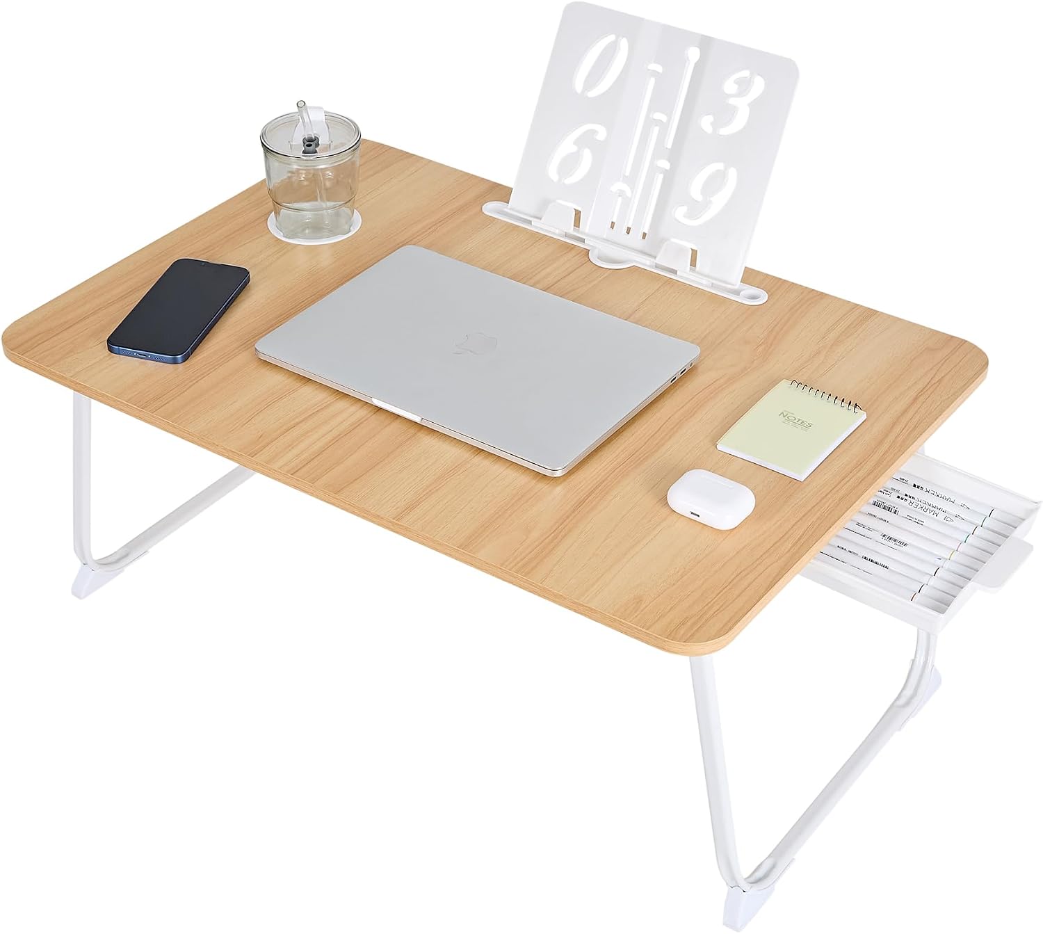 VECELO Low Table, Folding Table, Width 27.6 x Depth 18.9 x Height 11.8 inches (70 x 48 x 30 cm), Oak Bed Table, Mini Table, Non-slip, Drawers, Recessed Groove, Book Stand, Lightweight, Multifunctional