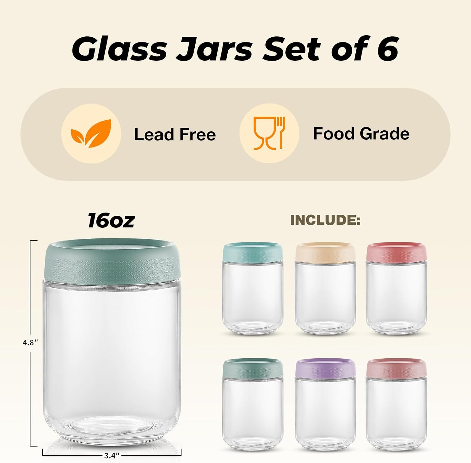 6 Pack Overnight Oats Containers with Lids, Wide Mouth Mason Salad jars 16oz, Glass Jar with Airtight Lids, Salad Meal Prep Jars for Food Storage, Overnight Oats Jars for Milk, Fruit