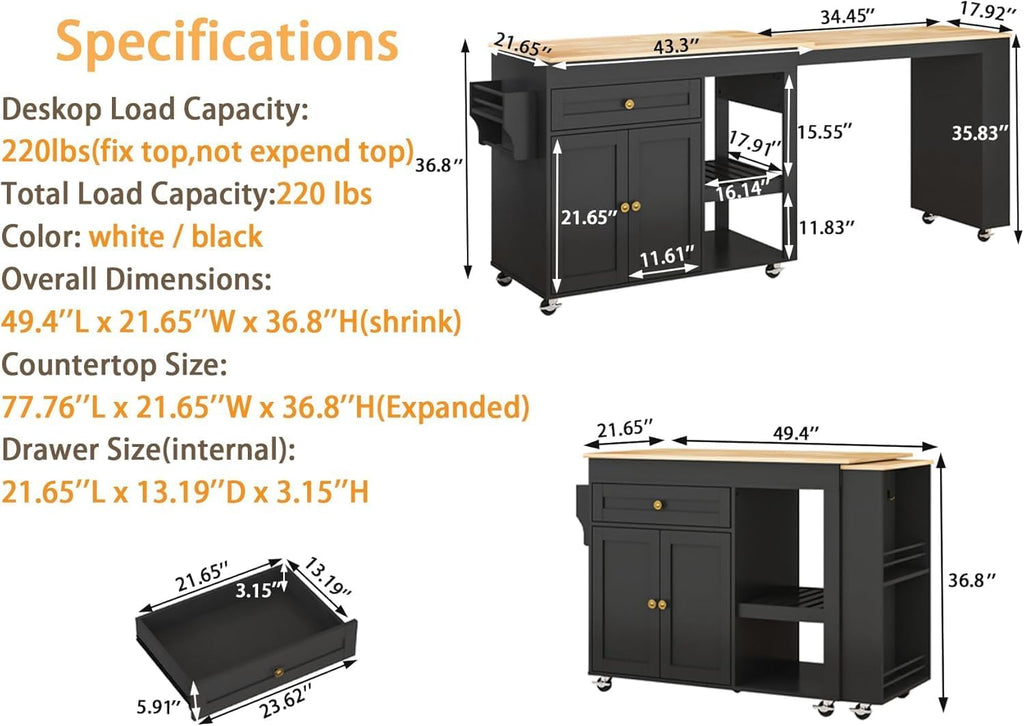 78"-49" Extendable Rolling Kitchen Island with Extended Dining Table, Mobile Kitchen Storage Islands with Storage Drawers, 2-Tier Storage Shelf,Black