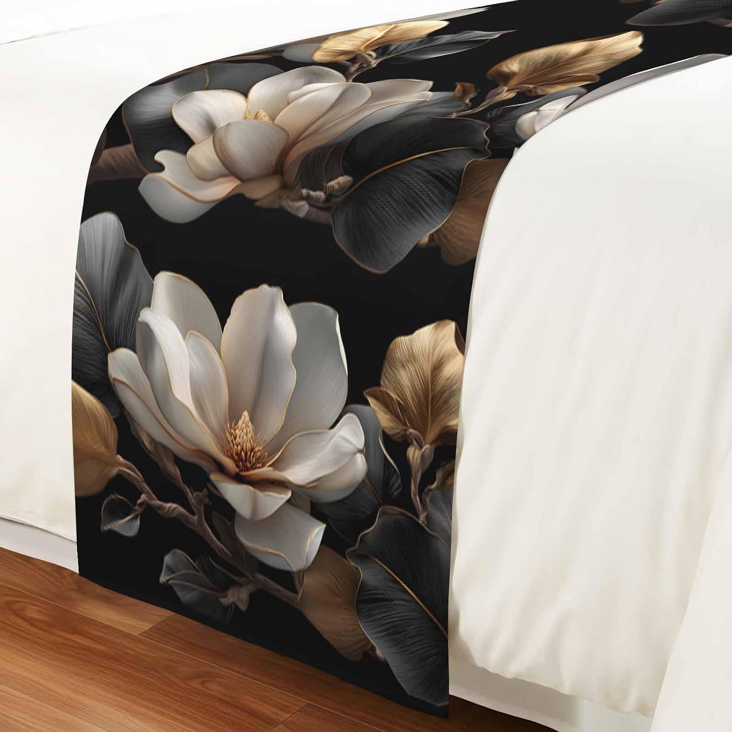Magnolia Blossoms Bed Runner for King Size Bed, 102"x20" Retro White Floral Black Gold Leaf Branch Luxury Bed Runners & Scarves Decorative Bedding Scarf Protector Slipcover for Home Hotel