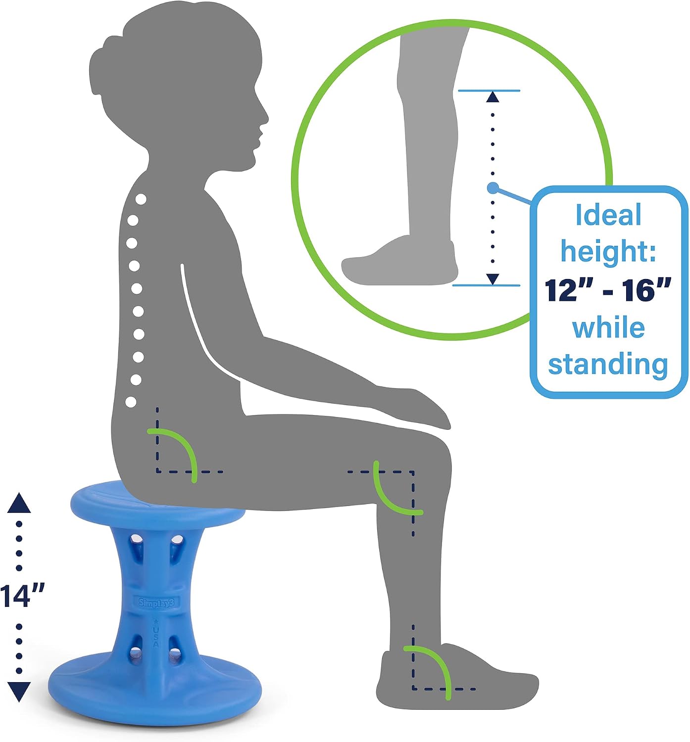 Simplay3 14" Play Around Wiggle Chairs 2-Pack, Kids Wobble Stools for Ages 5-8, Improved Focus and Attention - Blue, Made in USA