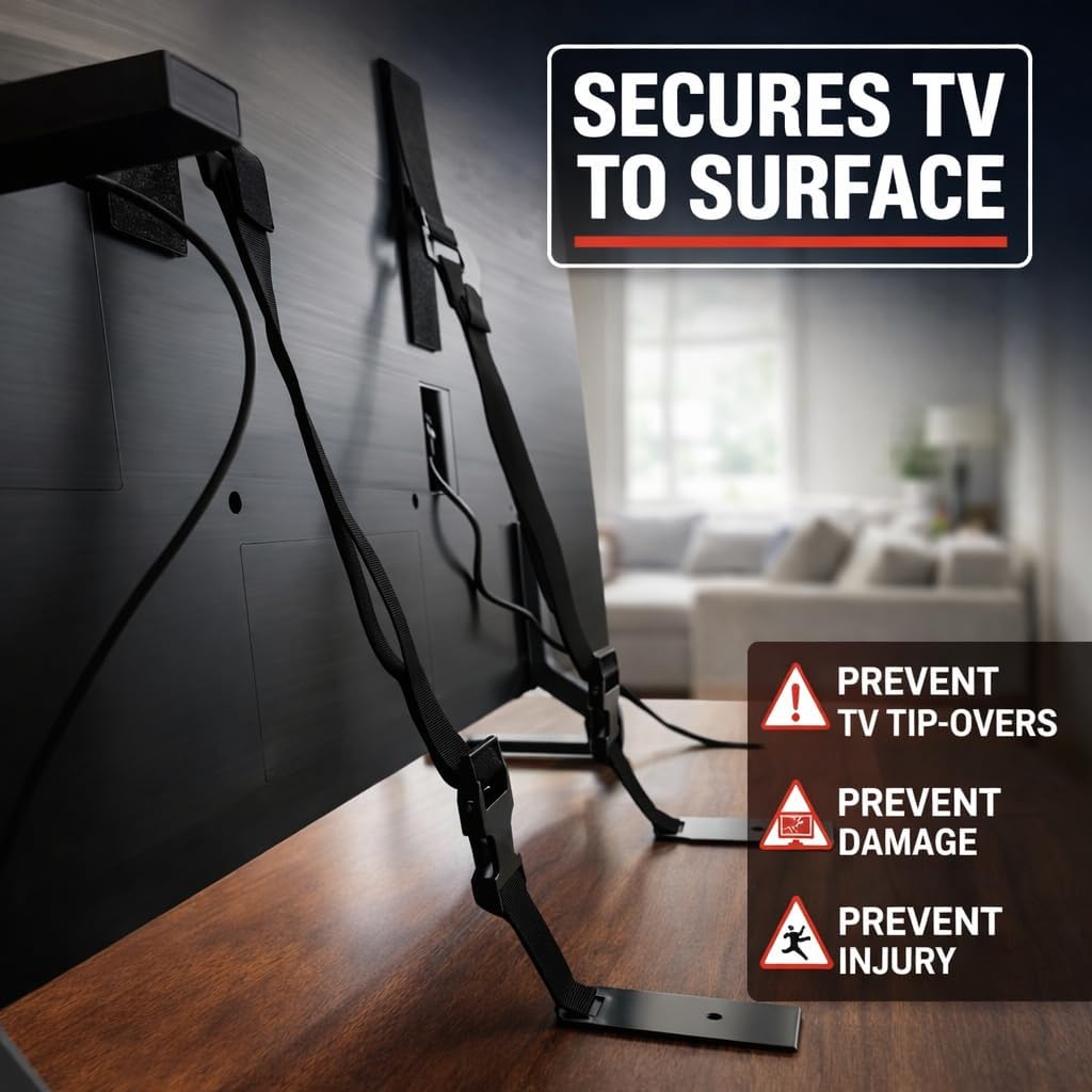 QuakeHOLD! Universal Flat Screen TV Safety Straps, Nylon Anti-Tip Adhesive Straps, Earthquake Protection, For TVs and Furniture, Child Proofing for Home Safety, Easy Installation, Black, 1 Pack