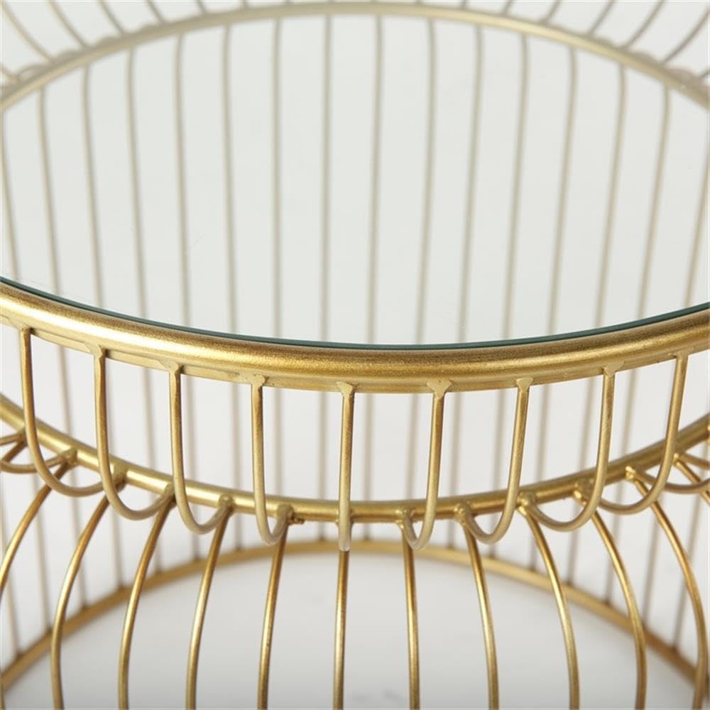 Pemberly Row Set of 2 Round Metal Accent Tables, Gold Cage-Like Base, Tempered Glass Top, Contemporary Design, 30.7x18.9x20.1 in Each, Elegant Style for Living Room or Lounge