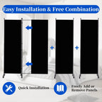Room Divider 6FT Room Partition with Lockable Wheels, (Thicked Metal Base) Room Dividers, Freestanding Indoor Folding Privacy Screens, Portable Fabric Wall Divider for (Black, 88"- 4 Panel)