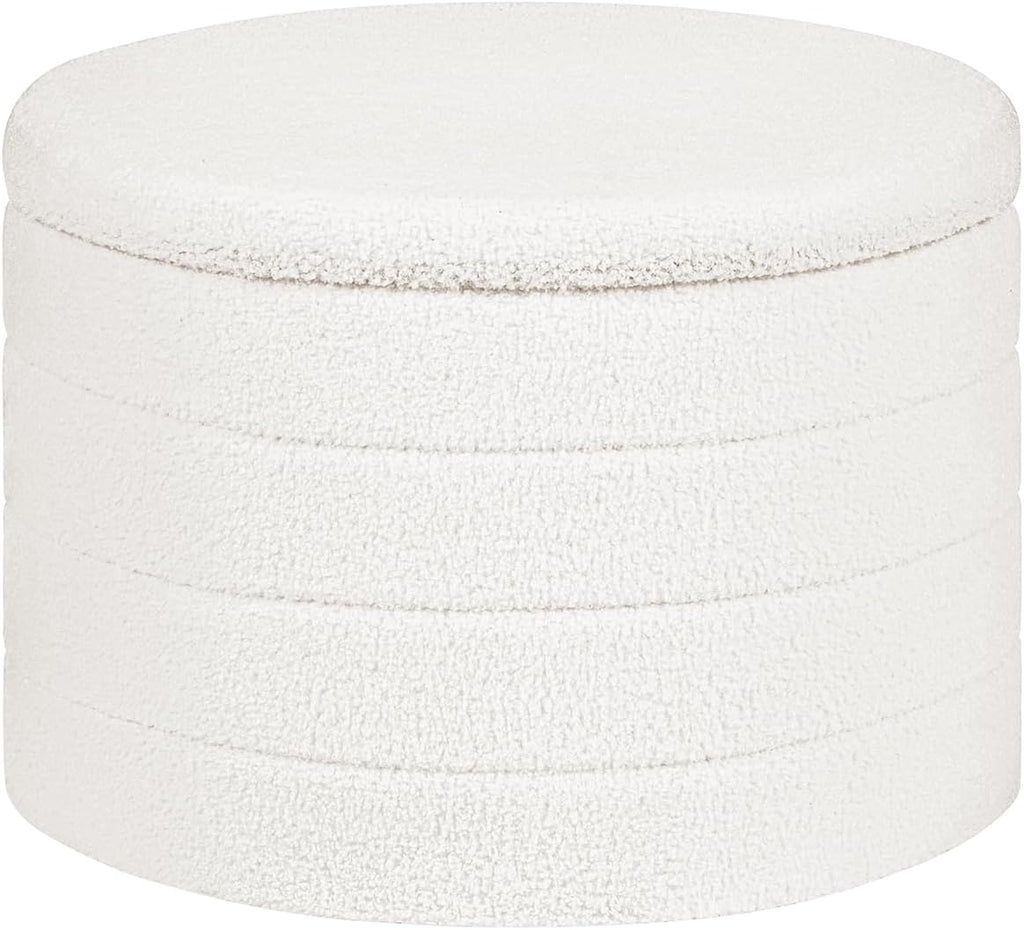 22 Inch Round Boucle Ottoman with Storage, Sherpa Teddy Fabric Ottoman Footstool, Folding Storage Foot Rest for Bedroom, Living Room Dorm, White