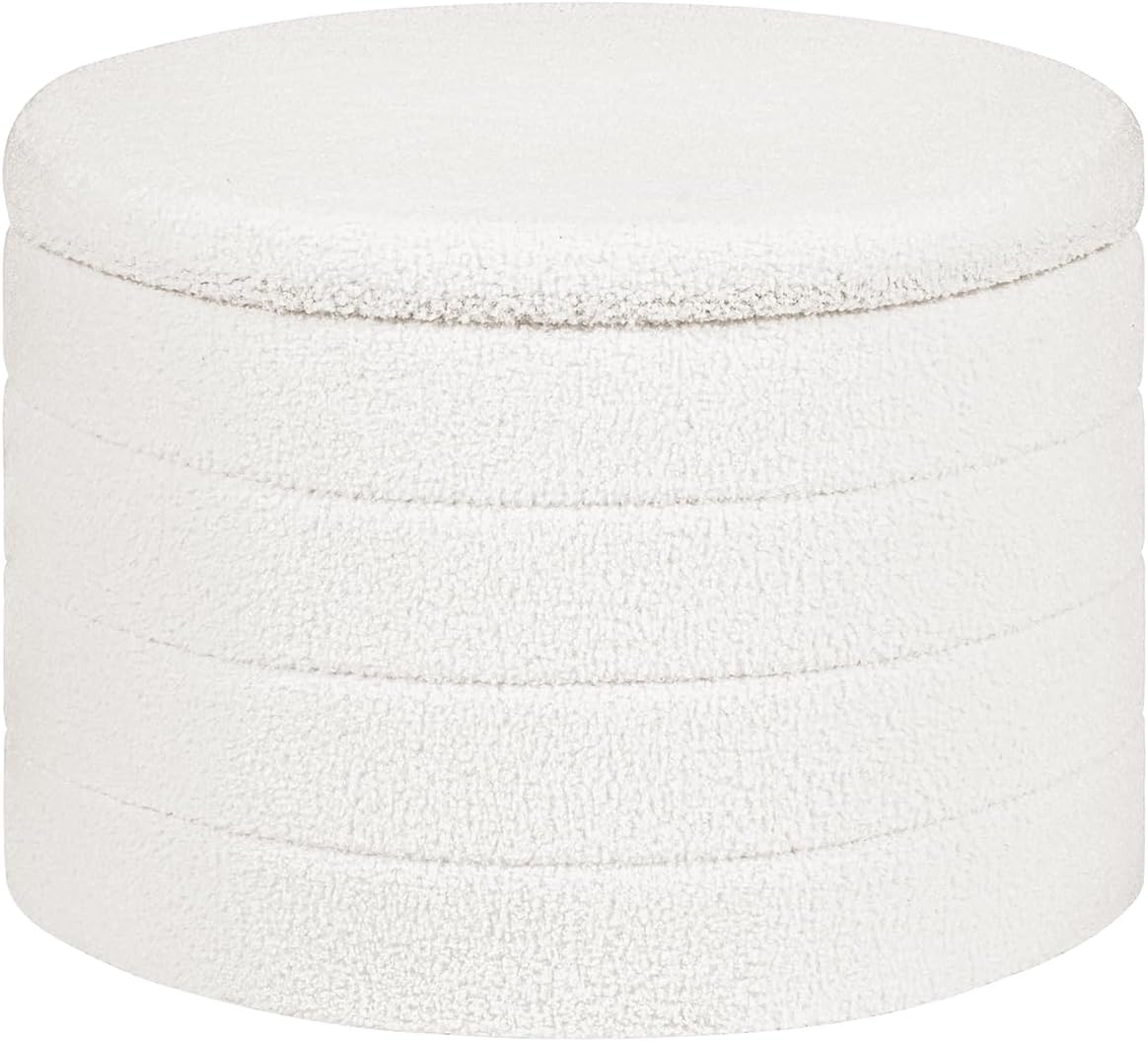 22 Inch Round Boucle Ottoman with Storage, Sherpa Teddy Fabric Ottoman Footstool, Folding Storage Foot Rest for Bedroom, Living Room Dorm, White