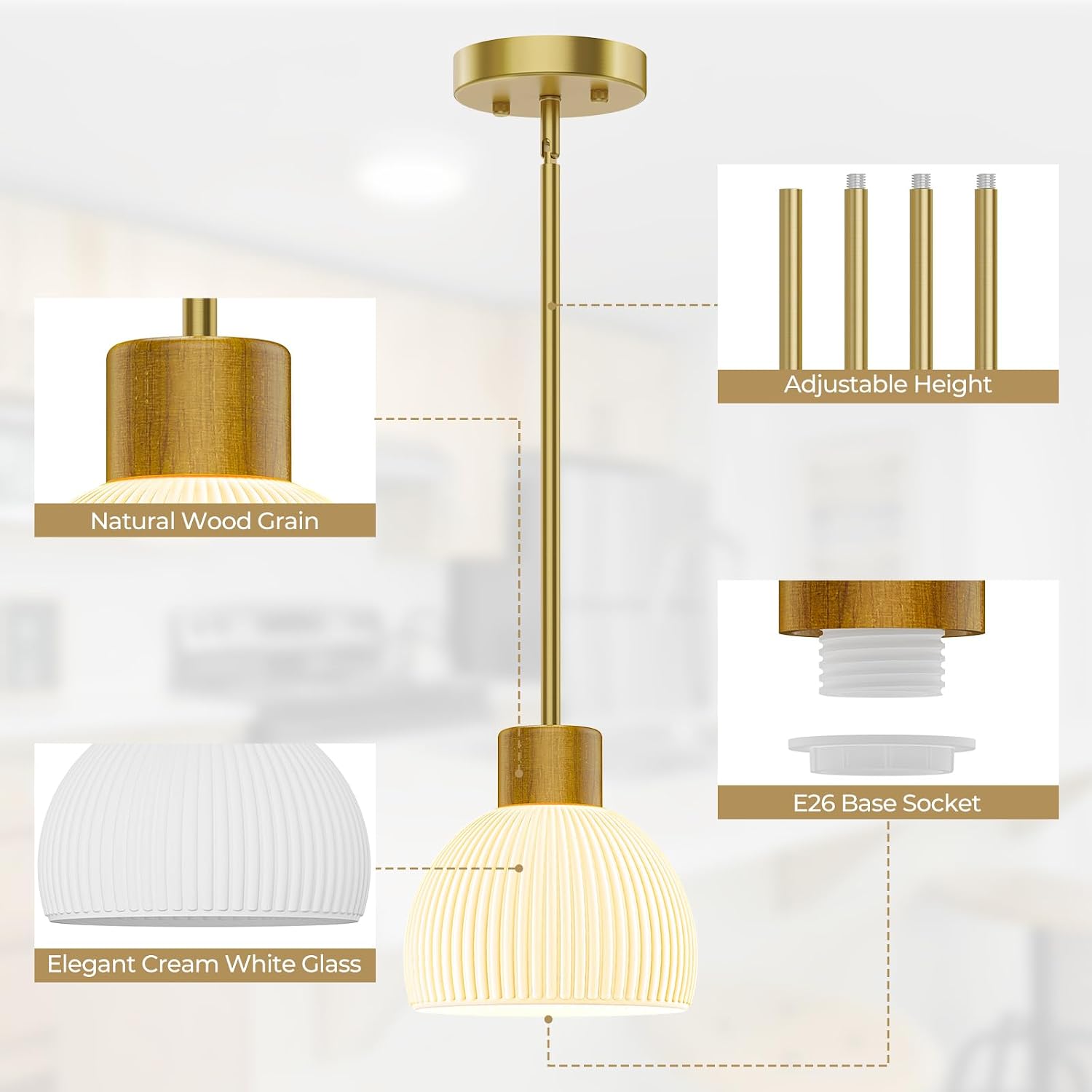 Pendant Lights Kitchen Island, Modern Gold Hanging Light Fixture with Glass Shade, Hardwired Adjustable Metal Rod for Dining Room, Entryway (2, Gold)