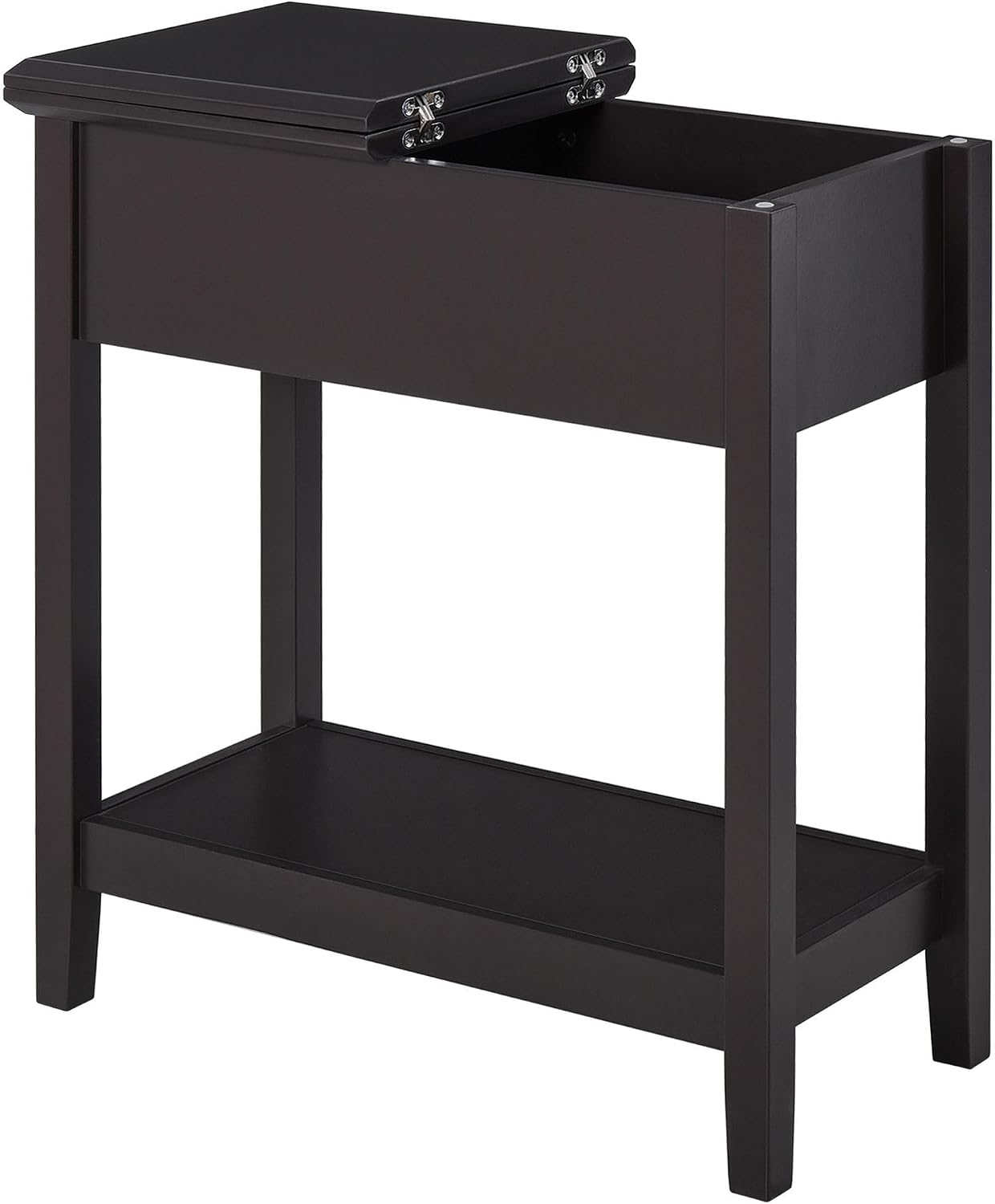 Hinge Cabinet End Table 24x18x30 possessing Bottom Shelf Durable Base Coffee Tone Finish Contemporary Appeal Premium Material