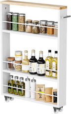 KLM 4 Tier White Slim Storage Cart with Handle, Slide Out Storage Rolling Utility Cart for Kitchen, Laundry, Narrow Places