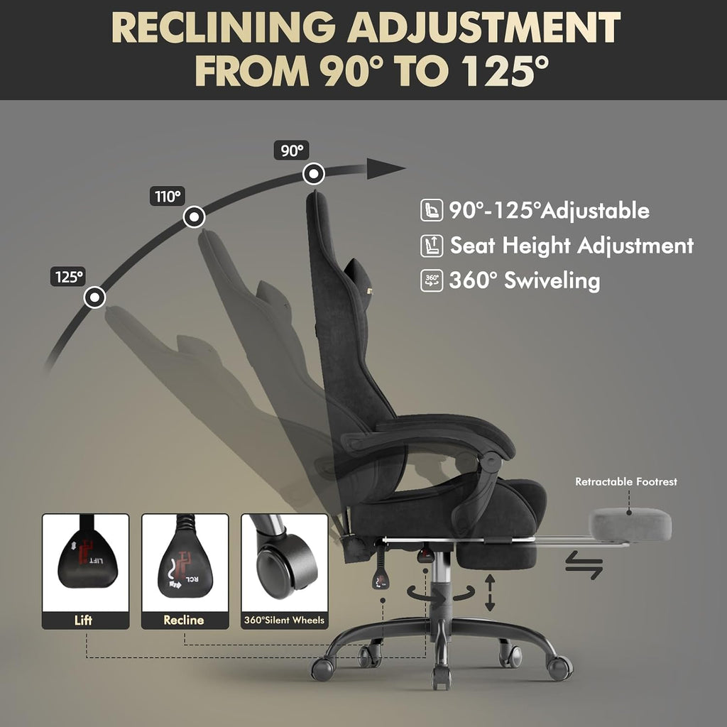 Gaming Chair with Footrest Massage Lumbar Cushion, Velvet Fabric Ergonomic Computer Office Chair, High Back Adjustable Recliner for Adults, Racing Style Video Gaming Chairs, for Home Streaming, Black