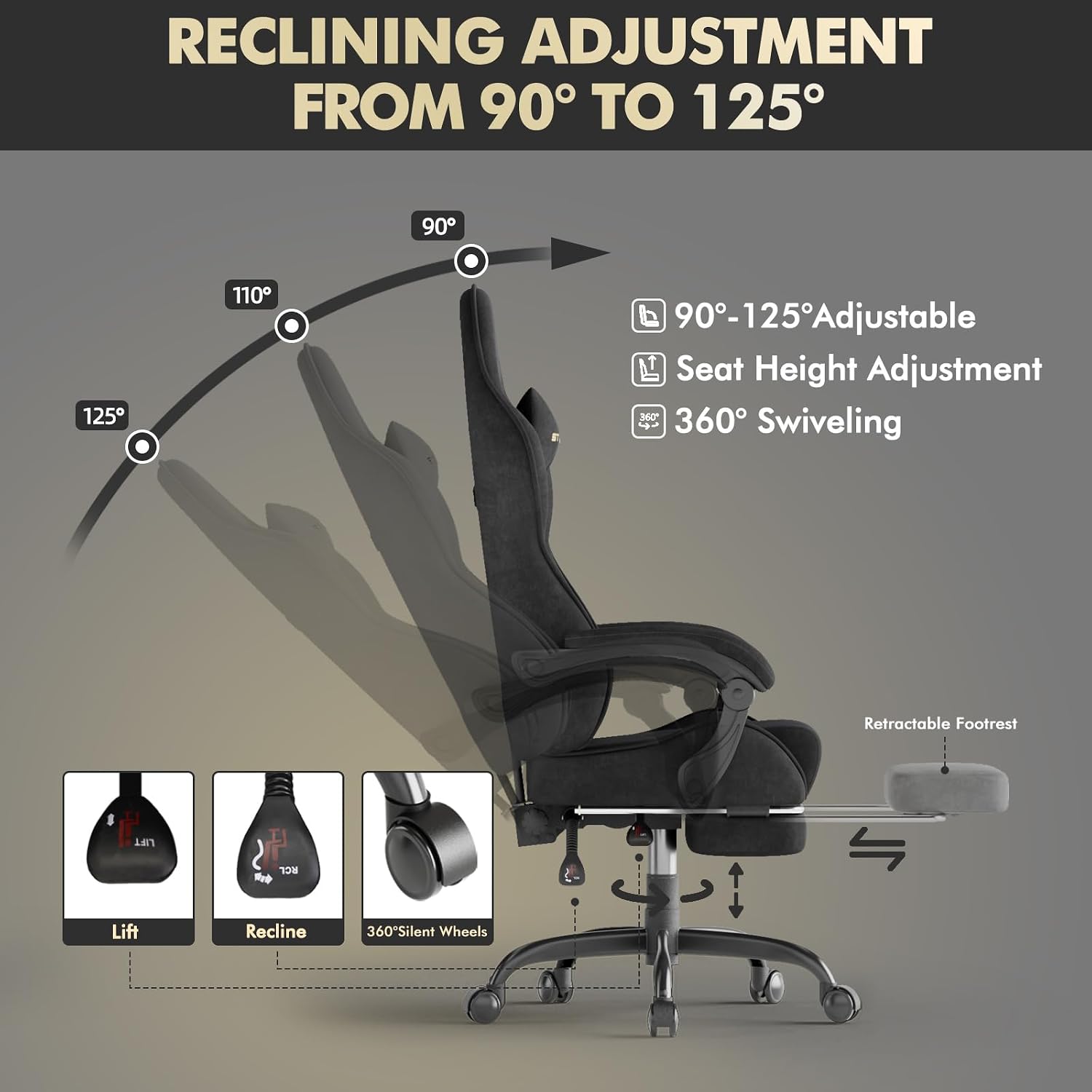 Gaming Chair with Footrest Massage Lumbar Cushion, Velvet Fabric Ergonomic Computer Office Chair, High Back Adjustable Recliner for Adults, Racing Style Video Gaming Chairs, for Home Streaming, Black