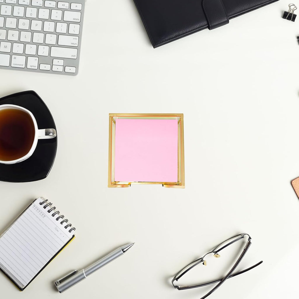 Glass Sticky Note Holder, Gold Post It Note Dispenser for Desk,3 x 3 Inch Post It Note Holder,Stylish Sticky Note Dispenser for Home Office Desk