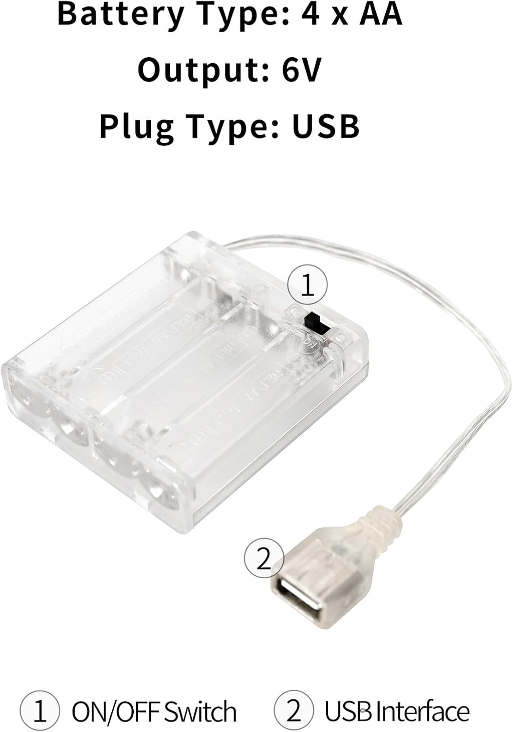 6V 4AA Battery Pack with USB Output - Portable Power Case for LED Neon Signs, Strip Lights & Fairy String - (2 Pack Transparent)