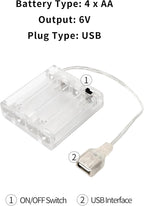 6V 4AA Battery Pack with USB Output - Portable Power Case for LED Neon Signs, Strip Lights & Fairy String - (2 Pack Transparent)