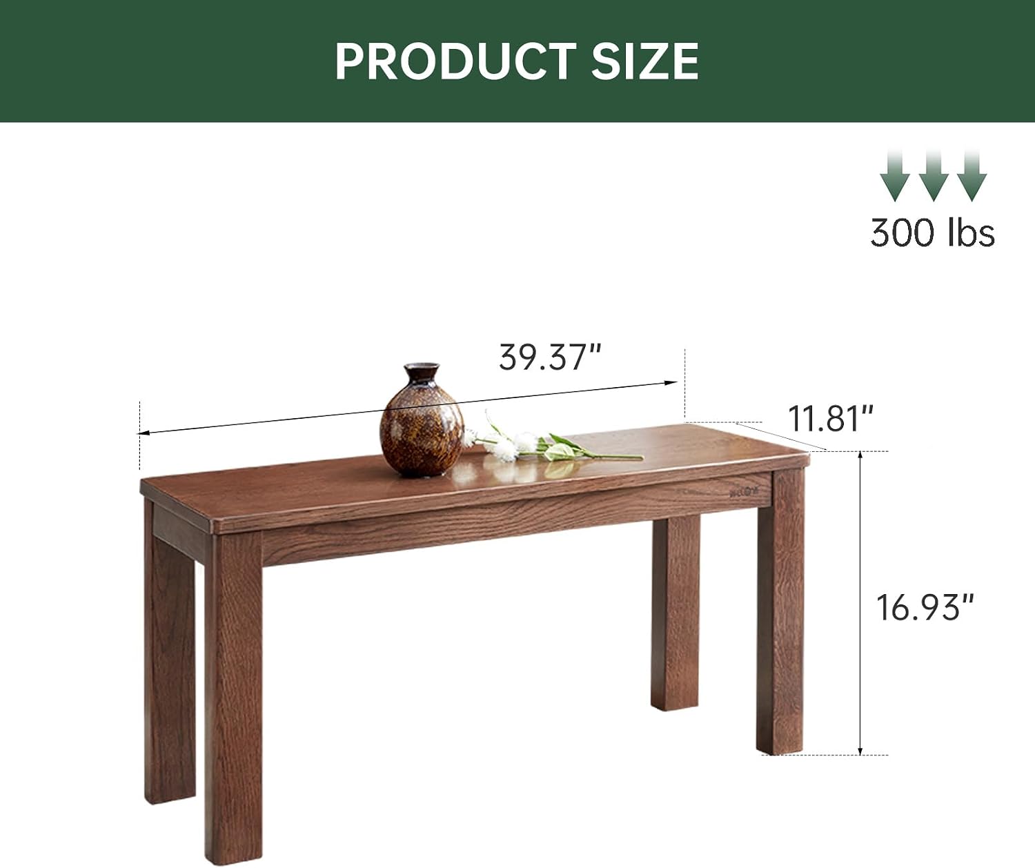 100% Solid Oak Wood Dining Bench, 39.6'' Entryway Bench Extra Chair Seat Long Ottoman with Squre End & Round Corner for Kitchen Living Room Bedroom, Walnut