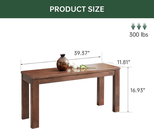 100% Solid Oak Wood Dining Bench, 39.6'' Entryway Bench Extra Chair Seat Long Ottoman with Squre End & Round Corner for Kitchen Living Room Bedroom, Walnut