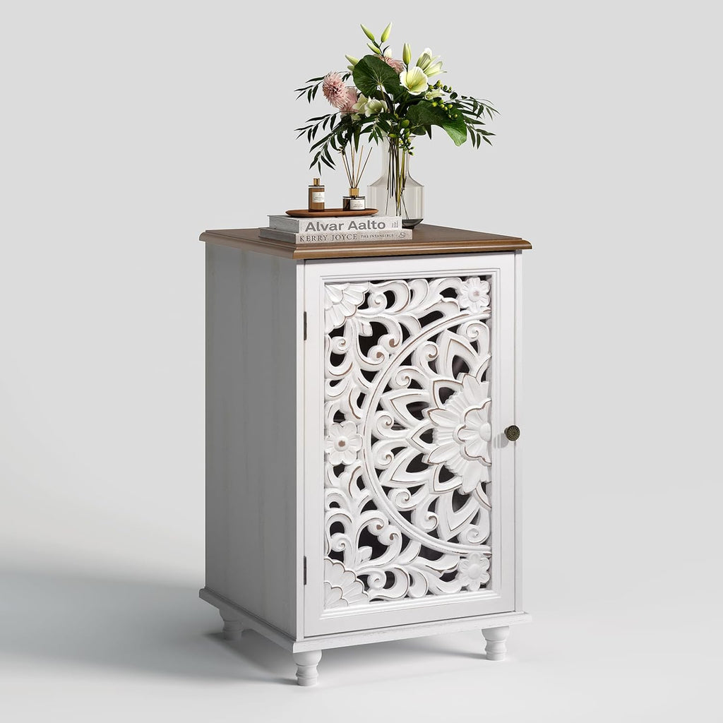 JOINICE Accent Storage Cabinet with Mandala Carved Doors,Small,White | Handcrafted Distressed Carvings,Vintage Floral Design for living room & office & bedroom,Solid Wood Legs,Adjustable Shelves
