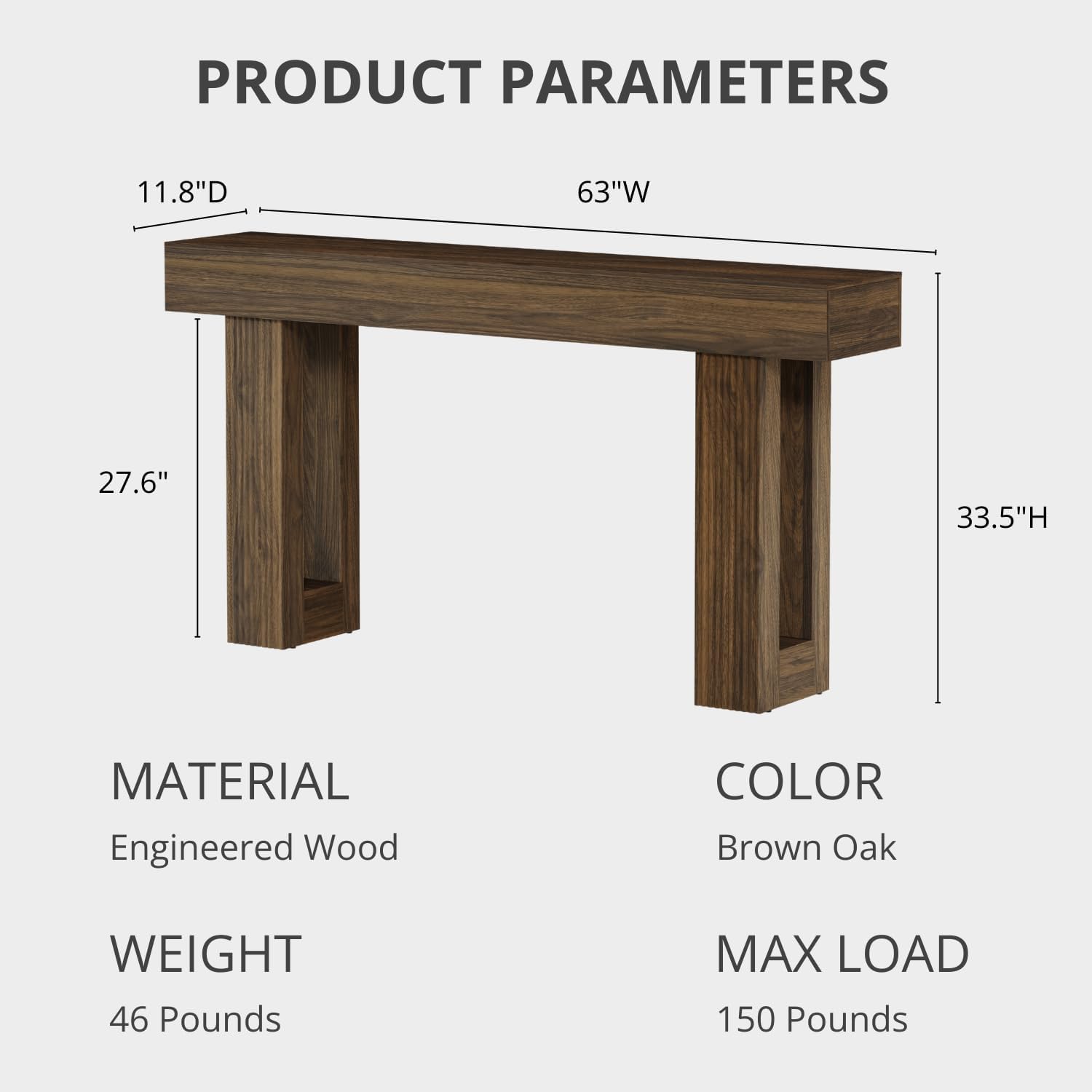 63" L x 33" H x 12" D Fluted Console Table, Ribbed Entryway Table, Mid Century Modern Japandi Sofa Table Behind Couch, Chunky Wood Hallway Table for Living Room, Walnut Brown