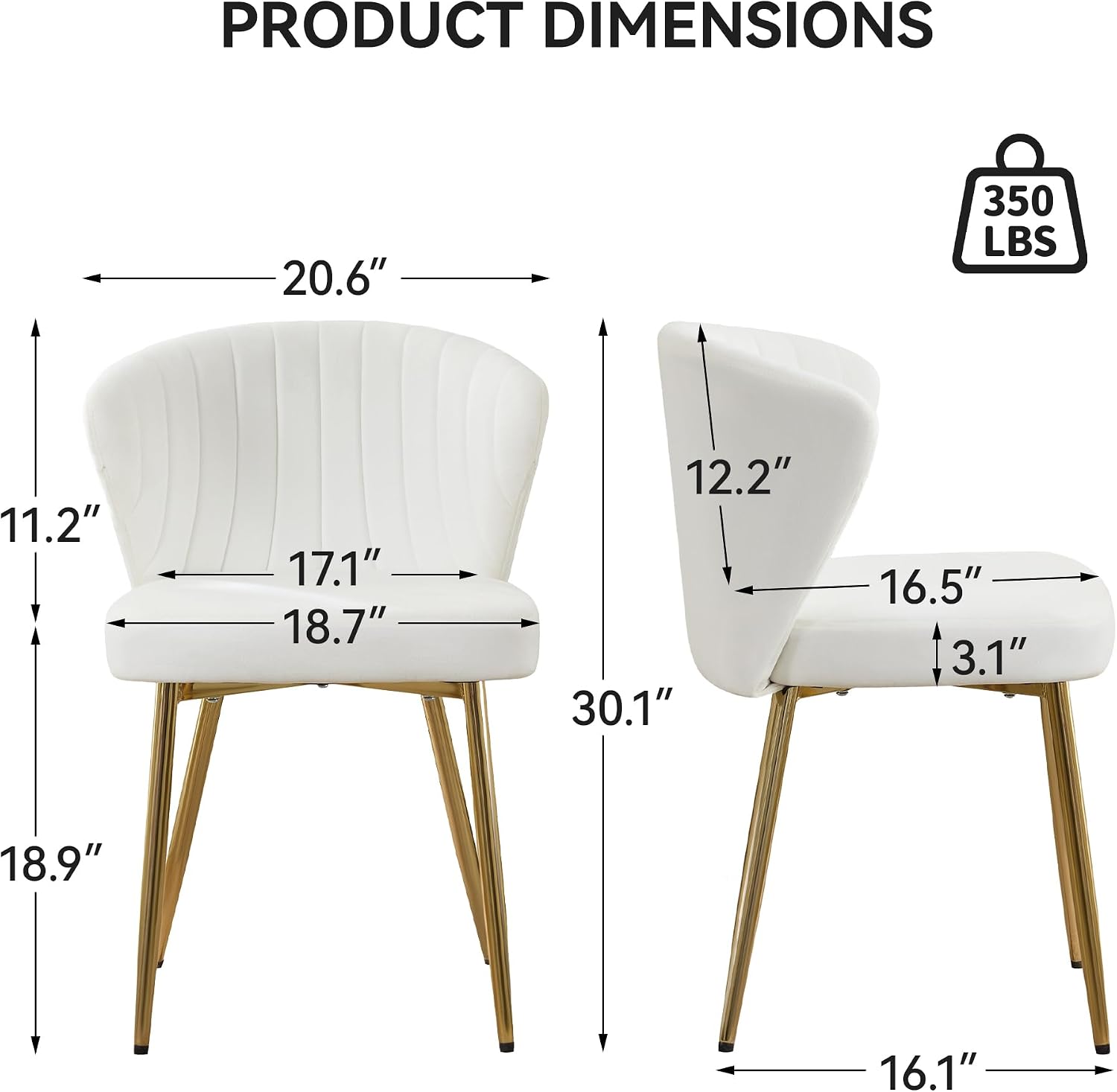 WUTUTUEE Velvet Vanity Chair Set of 2, Modern Makeup Chair with Back Golden Legs, Small Cute Accent Chair for Vanity, Living Room, Bedroom, White