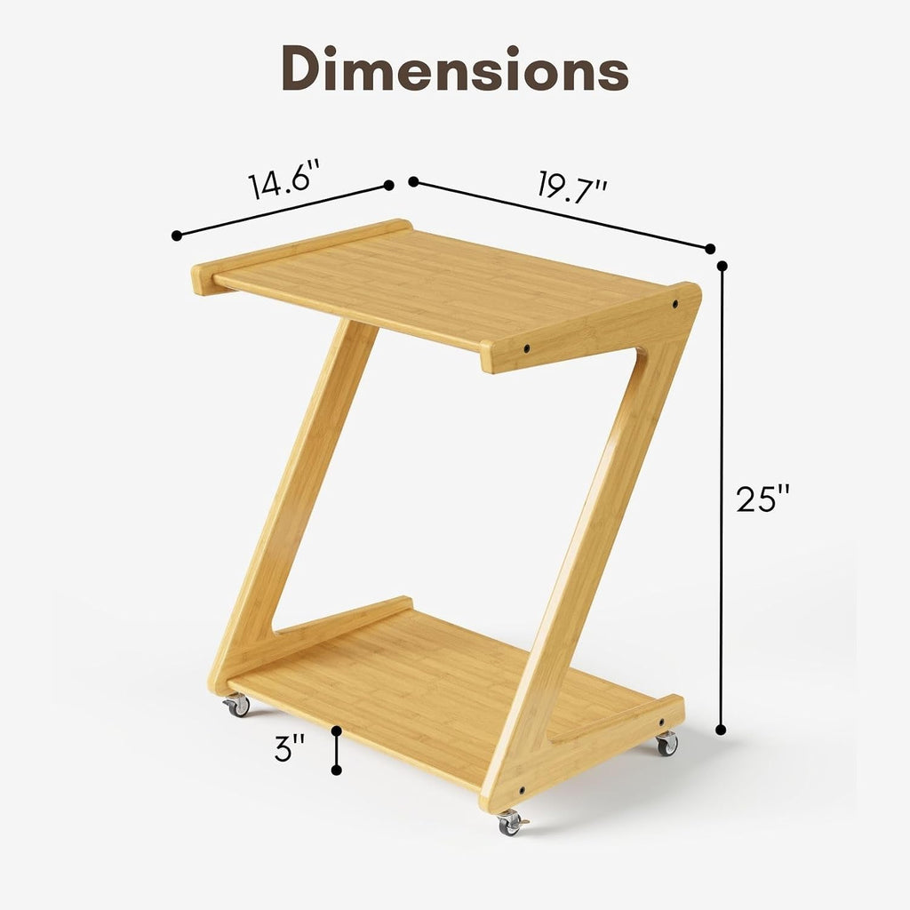 Bamboo Rolling Side Table with Wheels, Z Shaped Wooden Tv Tray Table for Living Room and Sofa Couch, Movable Dinner Laptop Coffee Snack Tray