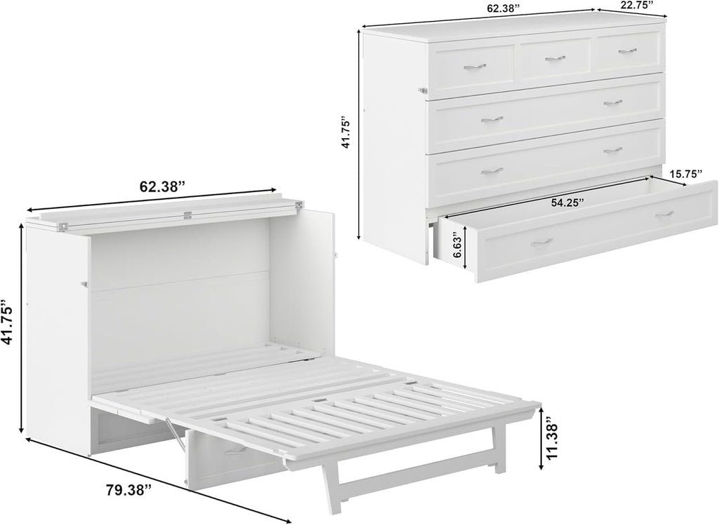 AFI, Northfield Murphy Bed Chest Queen with 6" Mattress, Storage Drawer & Built-in USB Charger, White