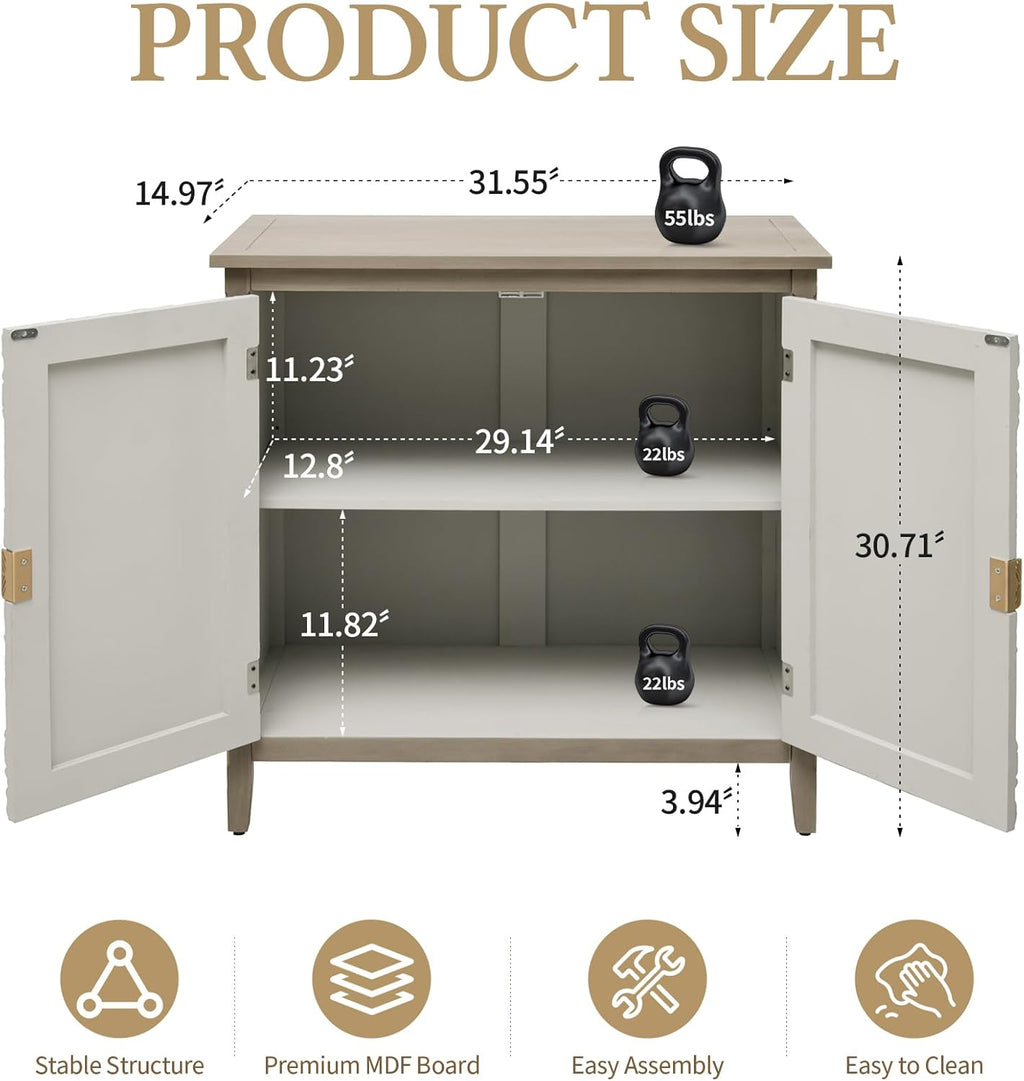 Carved Buffet Cabinet with Floral Pattern & Gold Handle, 31.5" W Distressed Sideboard with 2 Doors & Solid Wood Leg, American Style Accent Cabinet for Living Room, Kitchen, Vintage Color, 1 PC