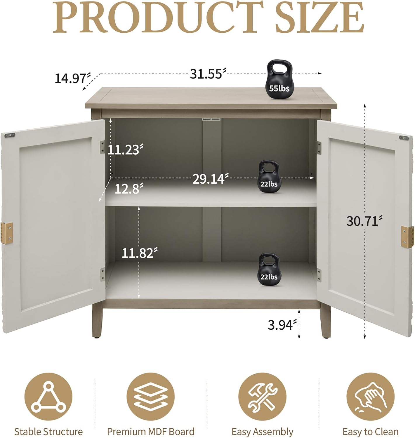Carved Buffet Cabinet with Floral Pattern & Gold Handle, 31.5" W Distressed Sideboard with 2 Doors & Solid Wood Leg, American Style Accent Cabinet for Living Room, Kitchen, Vintage Color, 1 PC