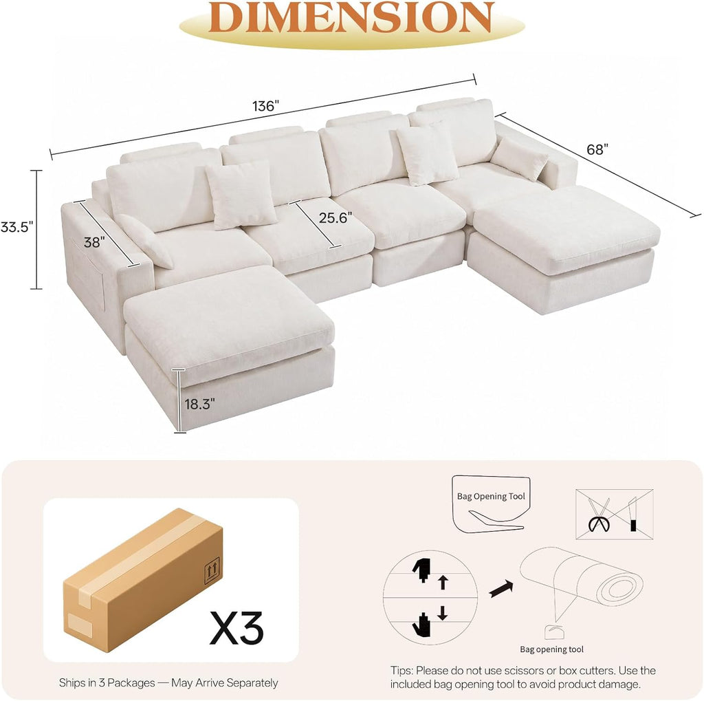 136" Cloud Modular Sectional Sofa with Detachable Comfort Seat Cushion, U-Shaped Convertible Boneless Couches for Living Room, Rearrange Freely, No Assembly, Warm White, 6-Seater Ensemble