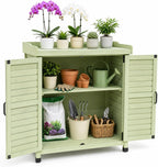 Outdoor Garden Storage Cabinet with Potting Bench, Wood Cabinet with Metal Top, Planting Workstation Table for Patio, Backyard and Garden Tools (Green)