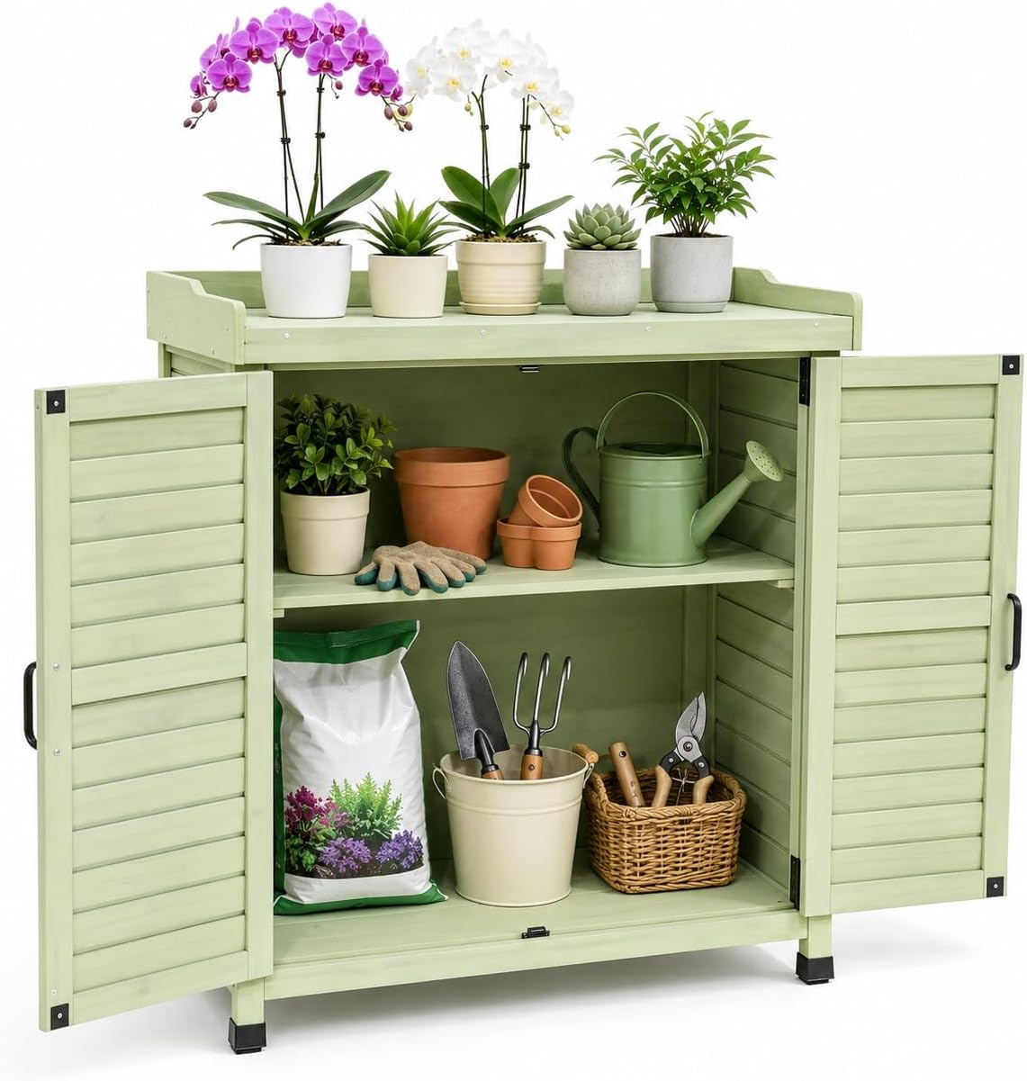 Outdoor Garden Storage Cabinet with Potting Bench, Wood Cabinet with Metal Top, Planting Workstation Table for Patio, Backyard and Garden Tools (Green)