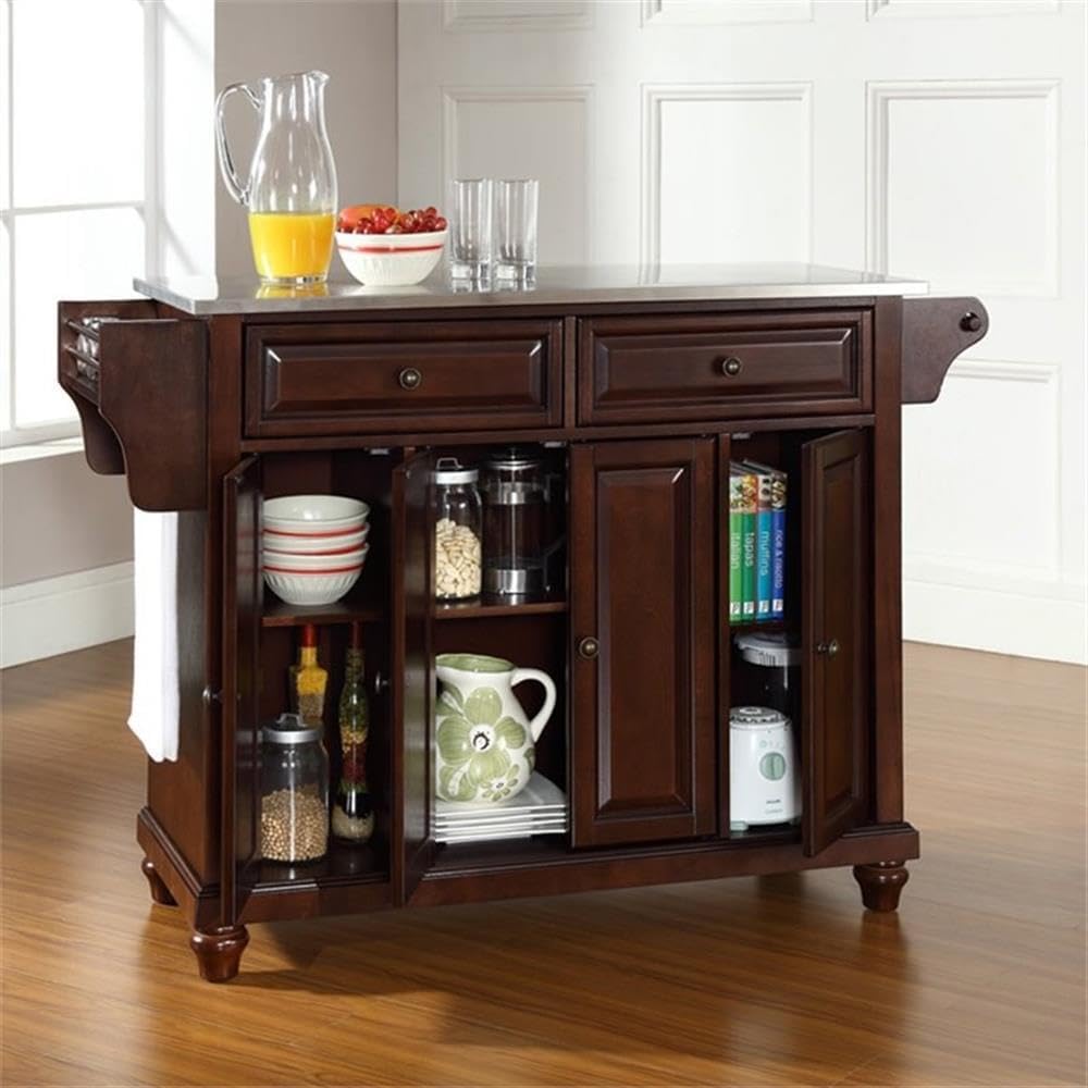 Pemberly Row Modern Wood Kitchen Island in Mahogany/Silver