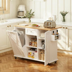 52" Rolling Kitchen Island with Drop Leaf & Trash Can Storage, Kitchen Island Cart with Spice Rack & Towel Rack, Mobile Island Table for Kitchen