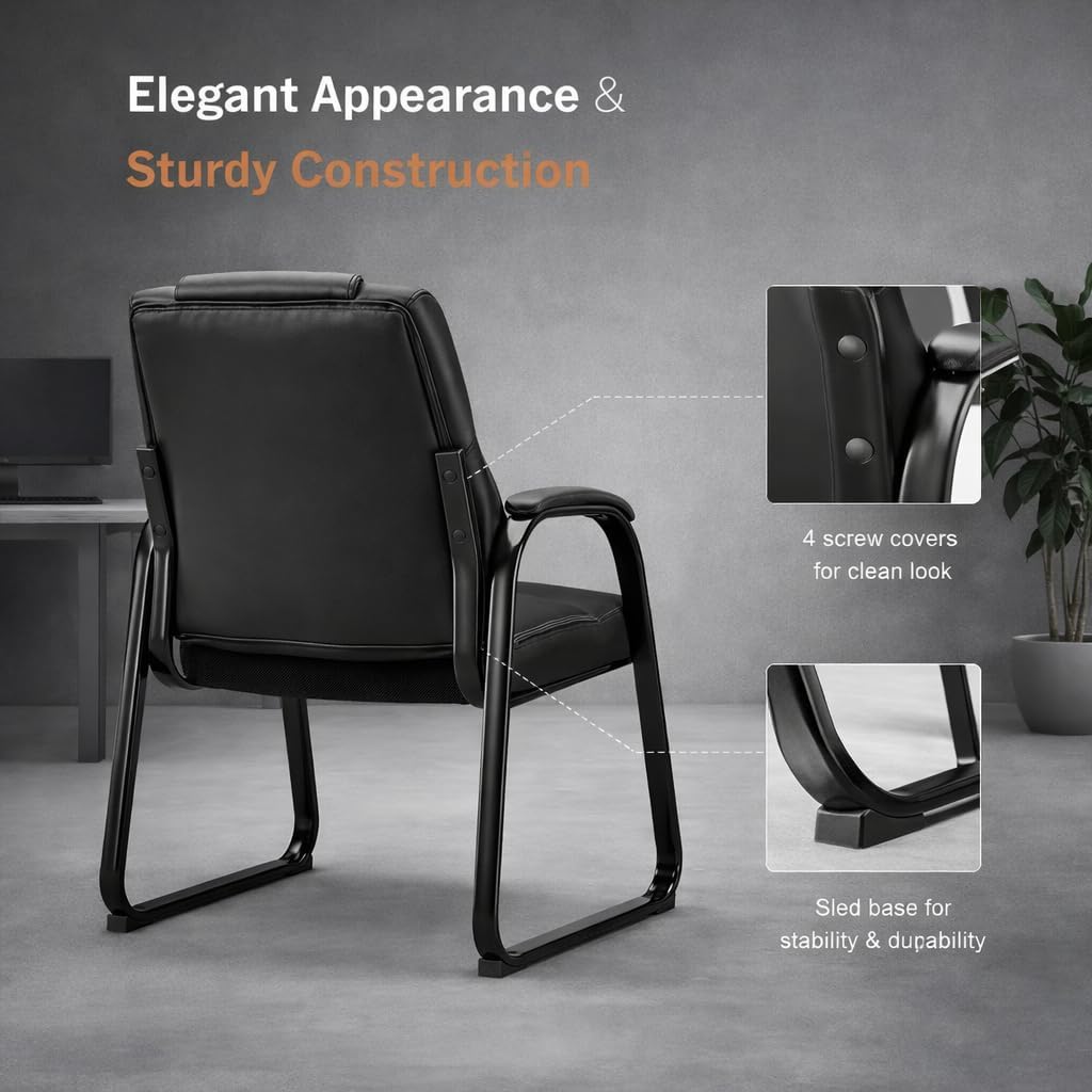Office Guest Chair Set of 4, Leather Waiting Room Chair with Sled Base and Armrests, Reception Desk Chair No Wheels, Conference Room Chair for Office Lobby Clinic Home